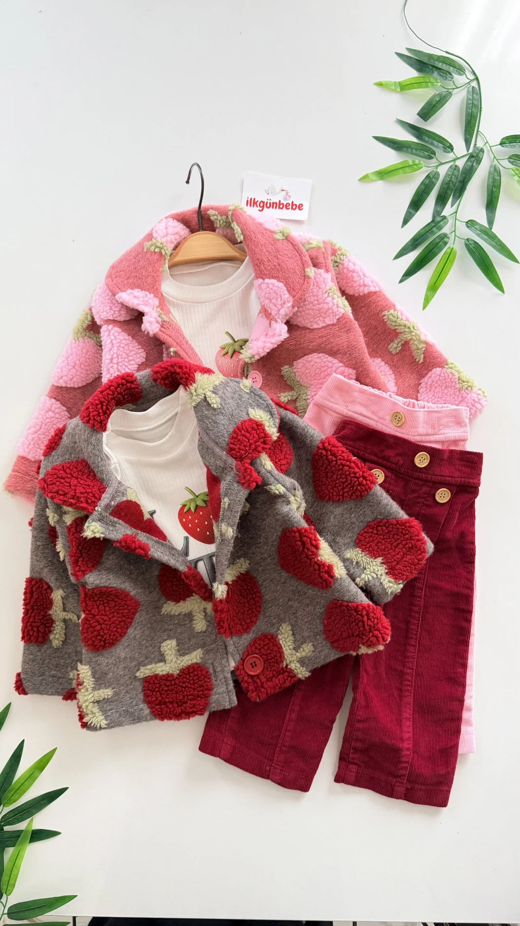 Çilek Peluş Montlu Kadife Pantalonlu Bodyli 3’lü Takım