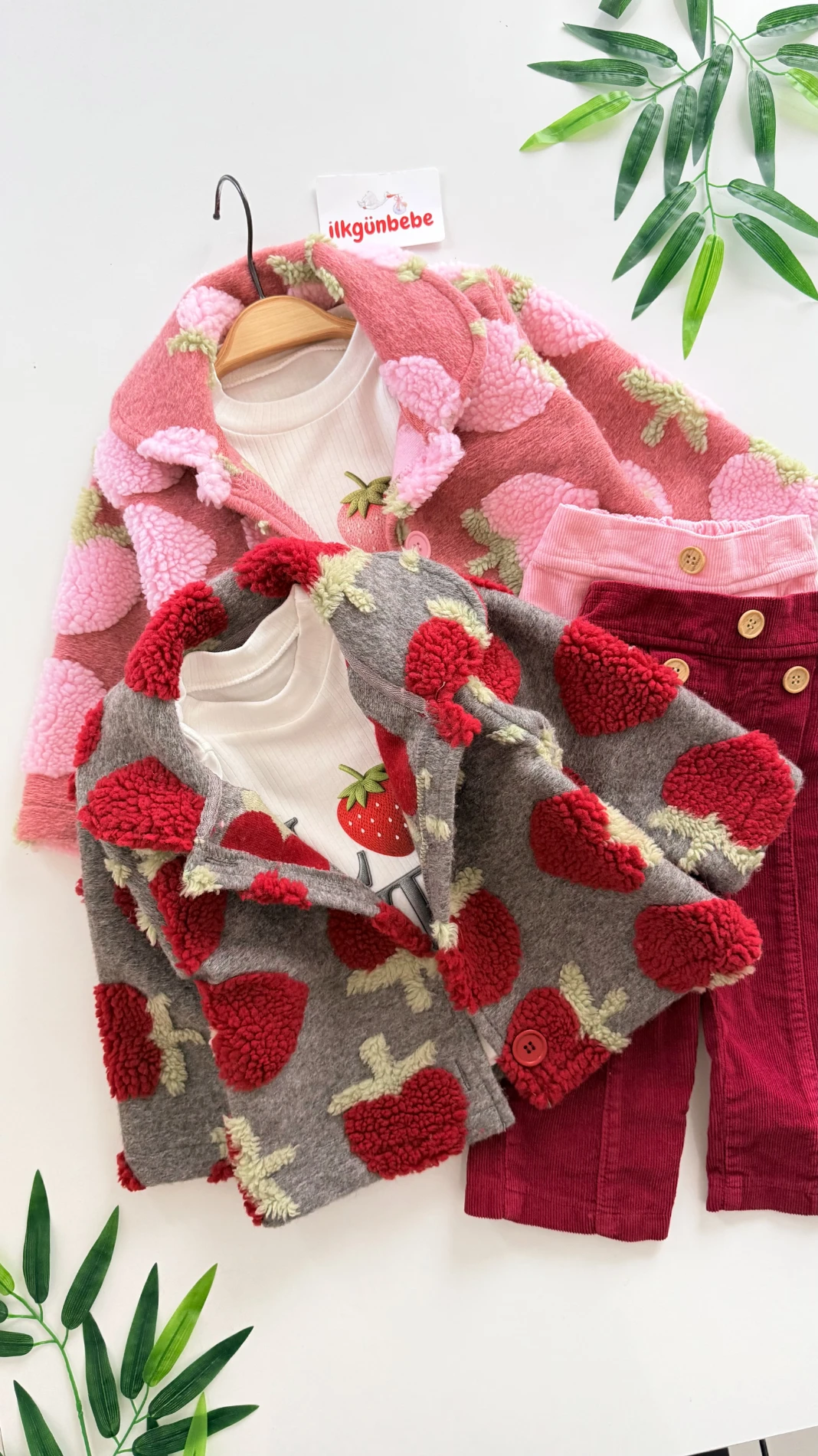 Çilek Peluş Montlu Kadife Pantalonlu Bodyli 3’lü Takım