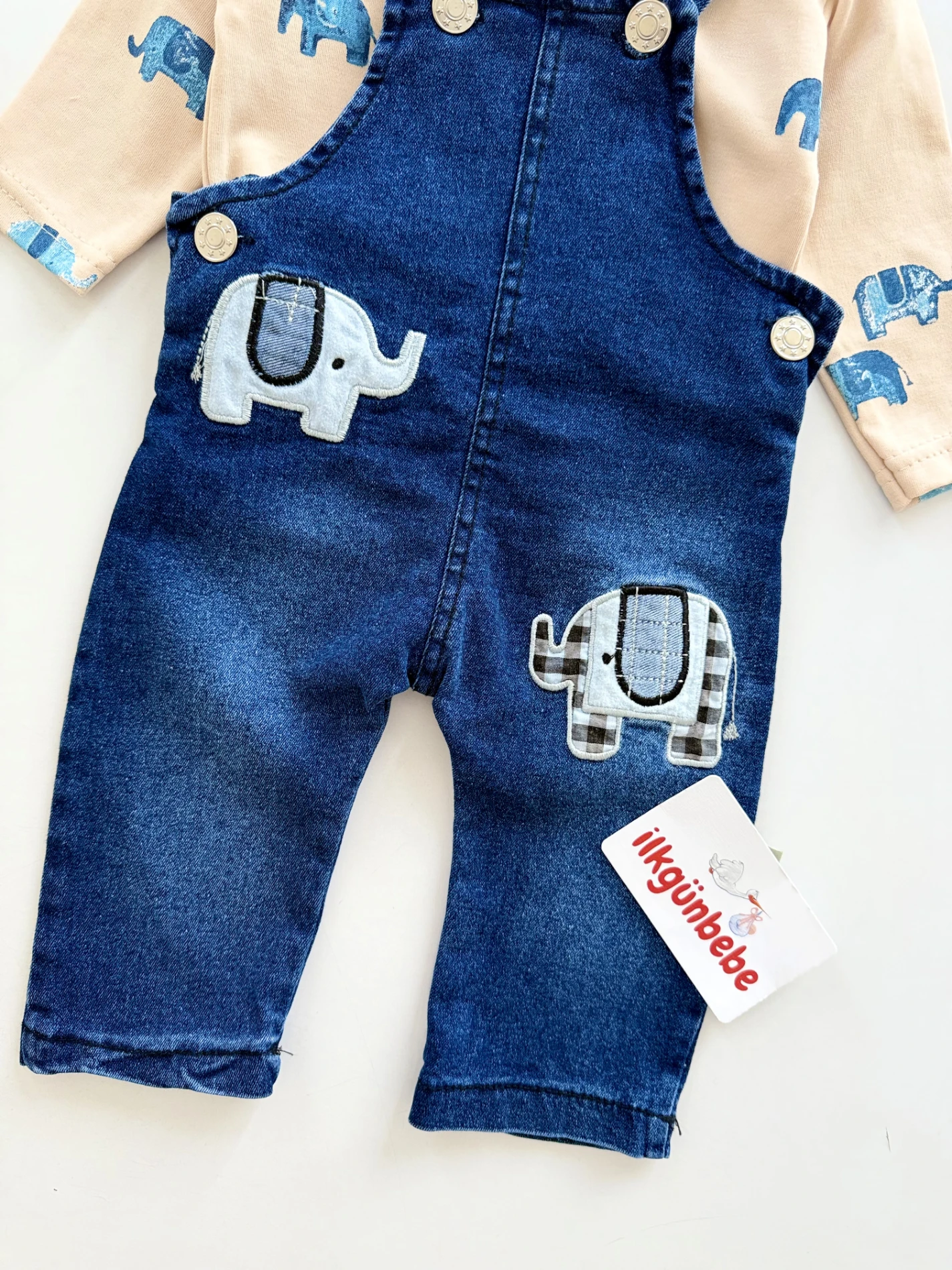 Fil Temalı Likralı Esnek Kot Kumaş Body Tulum Set