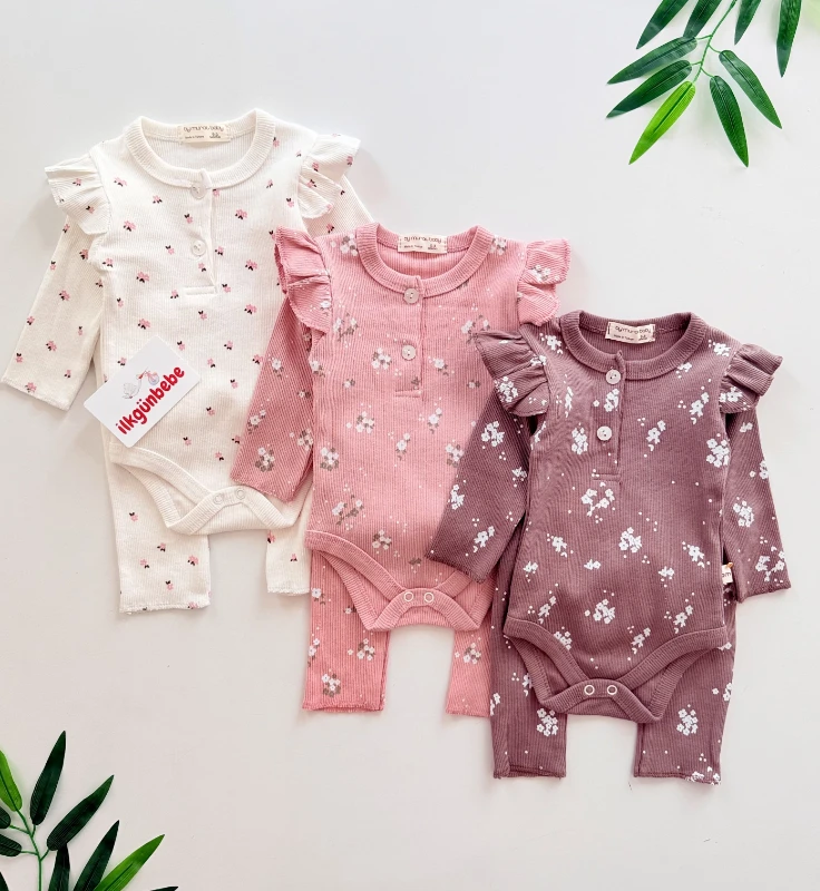 Flowers 3’lü Alt Üst %100 Pamuk Esnek Fitilli Kumaş 