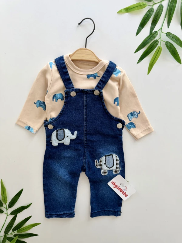 Fil Temalı Likralı Esnek Kot Kumaş Body Tulum Set