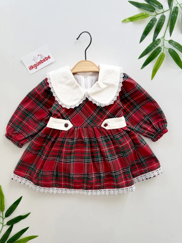 Pötikare Büyük Yakalı Dantel Detaylı Kırmızı Ekose Bebek Elbisesi