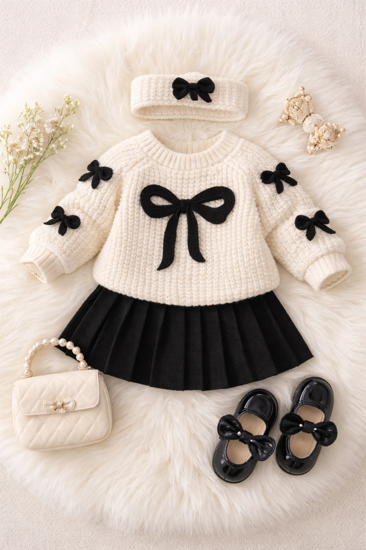 Selanik Örgüsü Kumaşlı Fiyonk Detaylı Triko Etekli 3’lü Takım