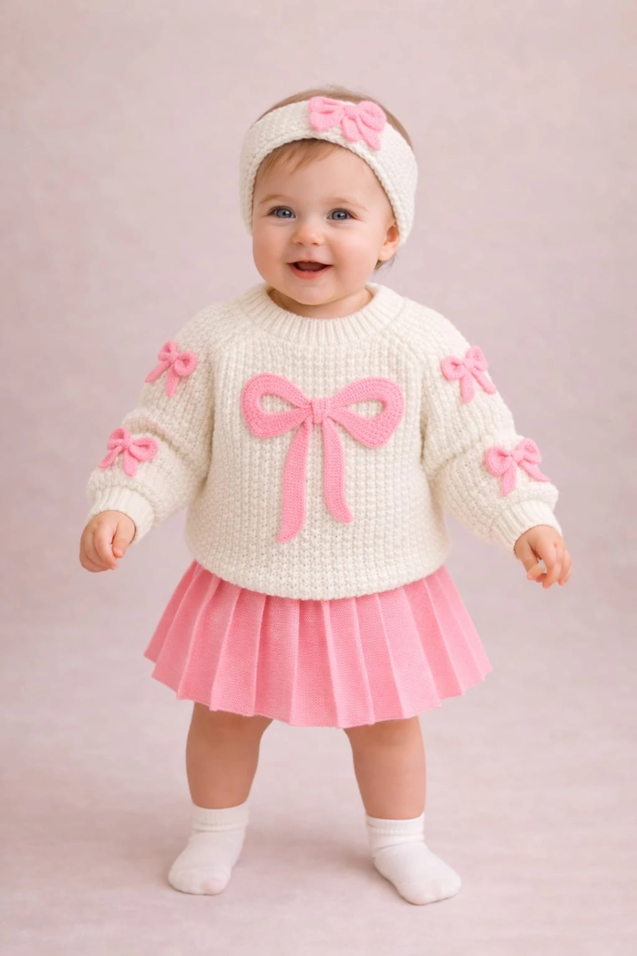 Selanik Örgüsü Kumaşlı Fiyonk Detaylı Triko Etekli 3’lü Takım