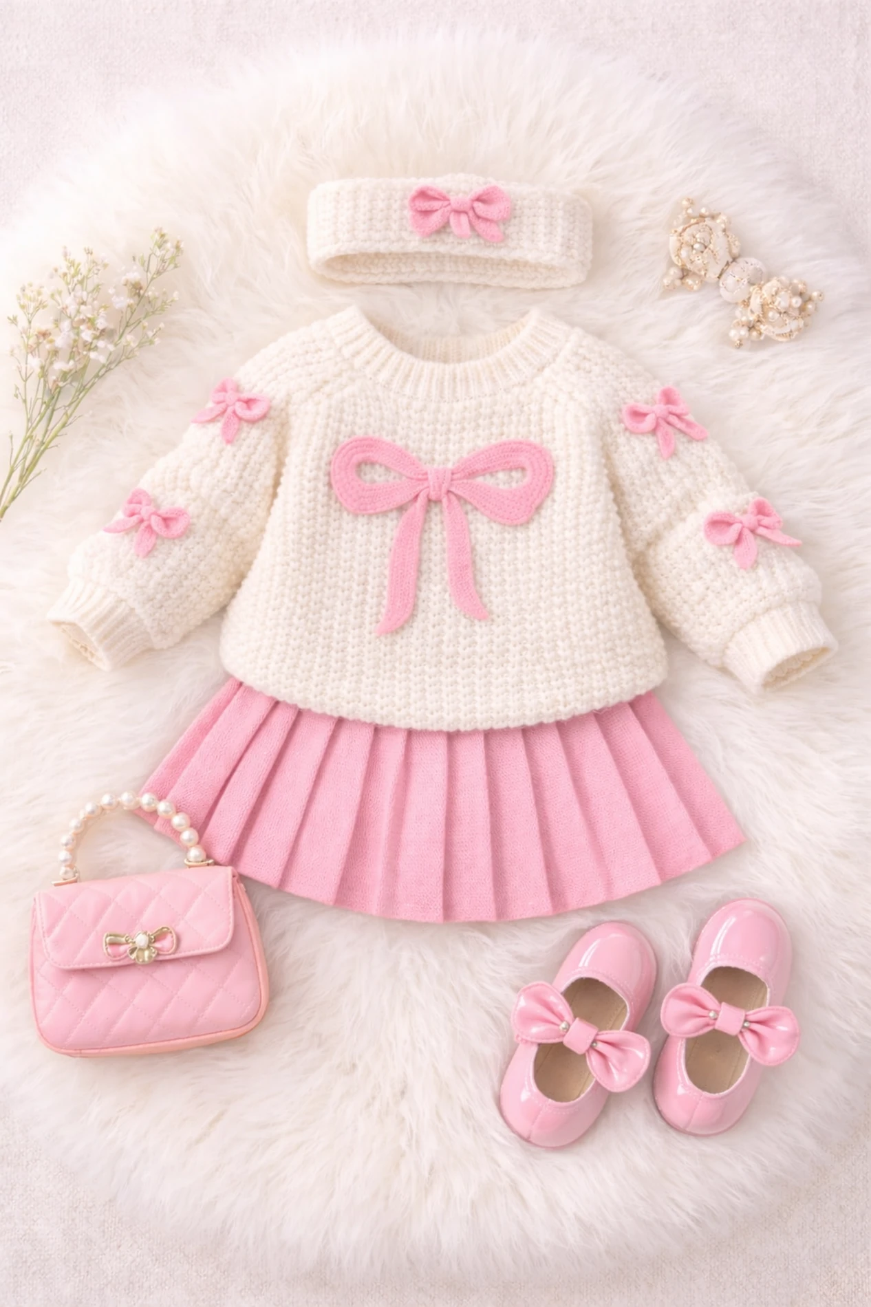 Selanik Örgüsü Kumaşlı Fiyonk Detaylı Triko Etekli 3’lü Takım