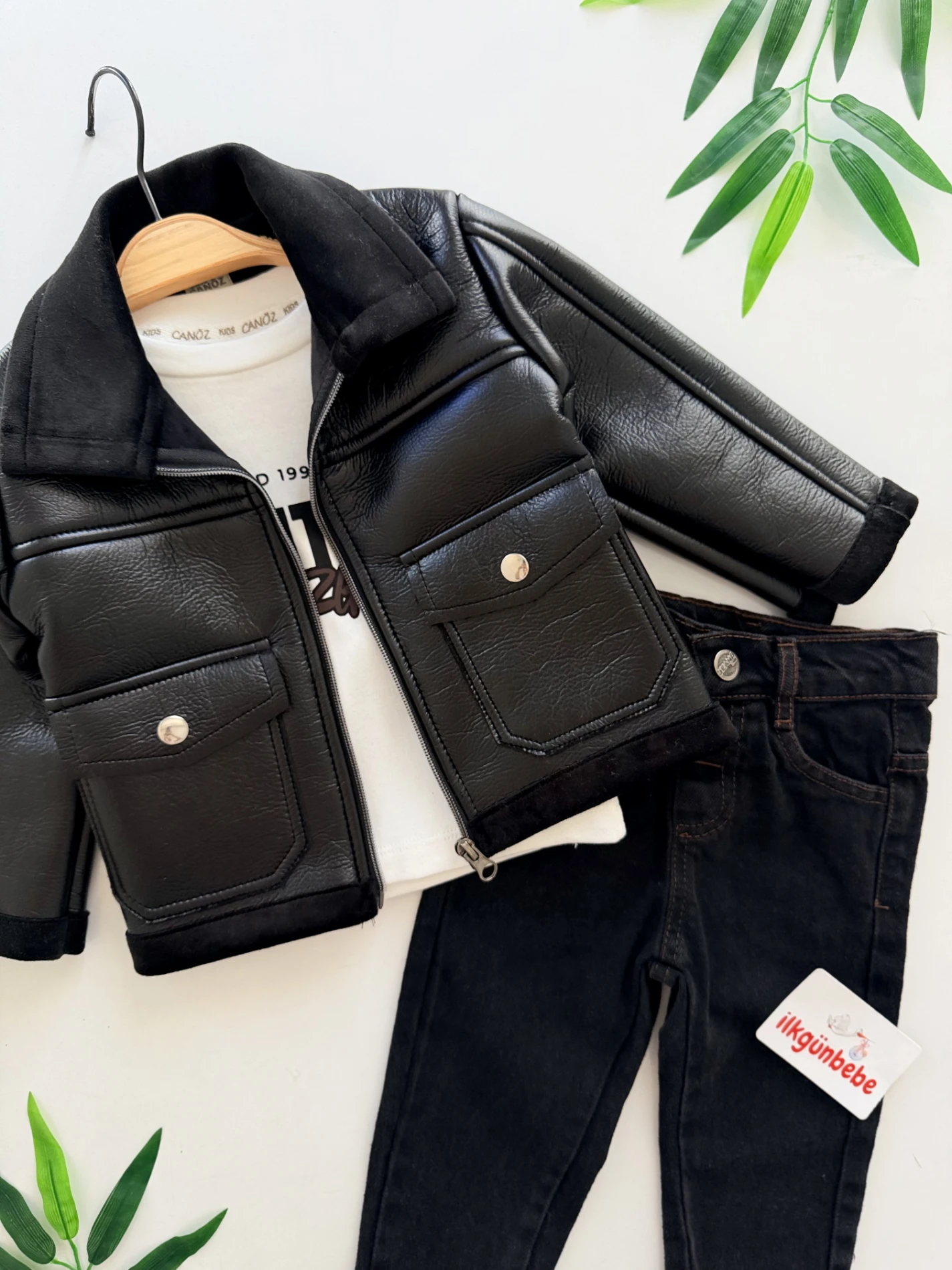 İçi Kadife Deri Ceketli Premium Kalite Kot Pantalonlu Bodyli Takım