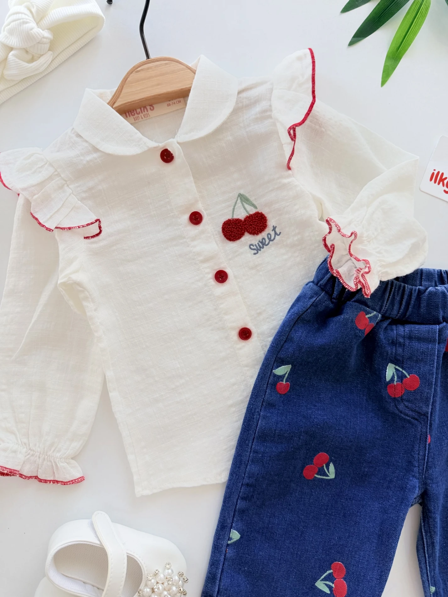 Kiraz Nakışlı Müslin Gömlekli Kiraz Desenli Pantalonlu Takım