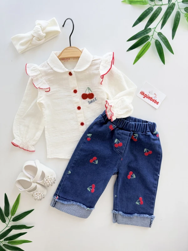 Kiraz Nakışlı Müslin Gömlekli Kiraz Desenli Pantalonlu Takım