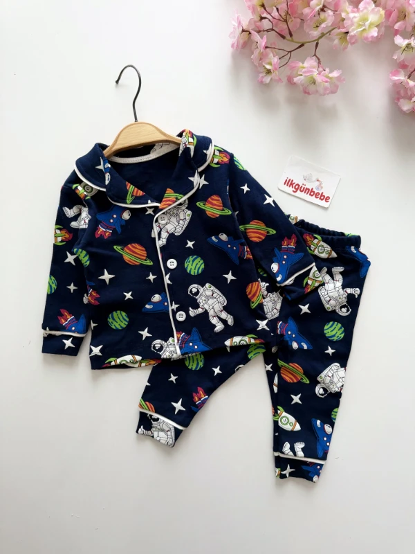 Uzay Desenli Bebe Yakalı %100 Pamuk Pijama Takımı