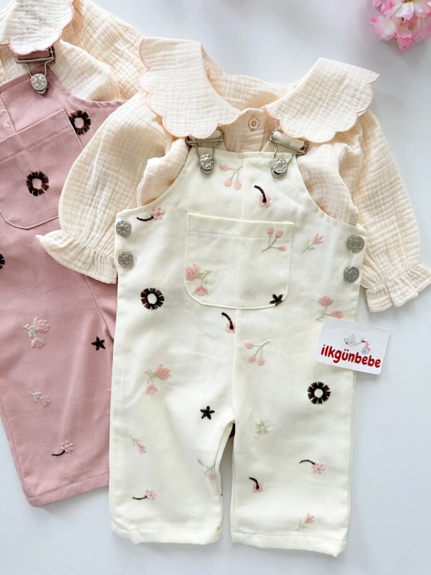 Baby Cute Çiçek Salopetli Müslin Gömlekli 2’li Takım
