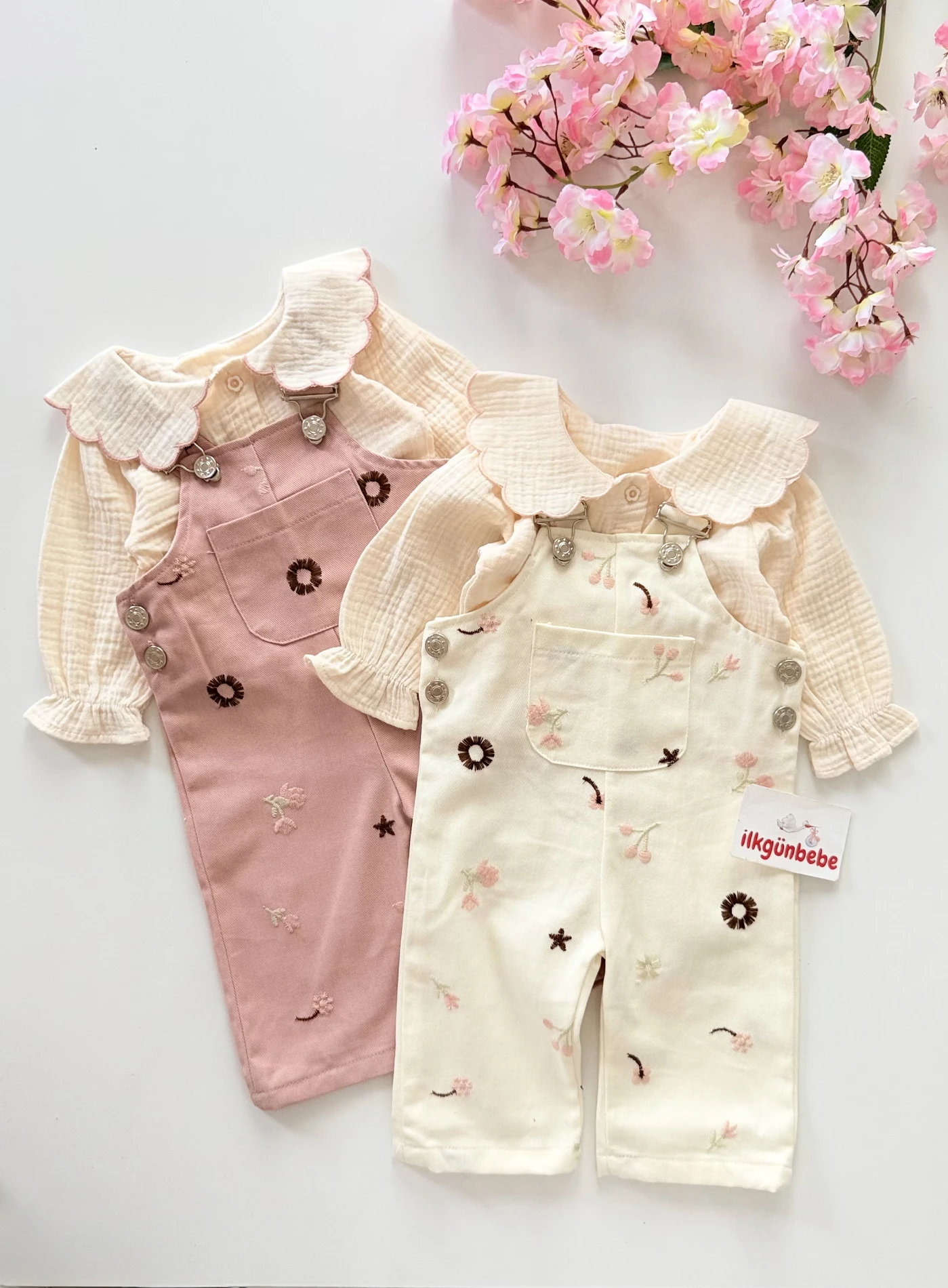 Baby Cute Çiçek Salopetli Müslin Gömlekli 2’li Takım