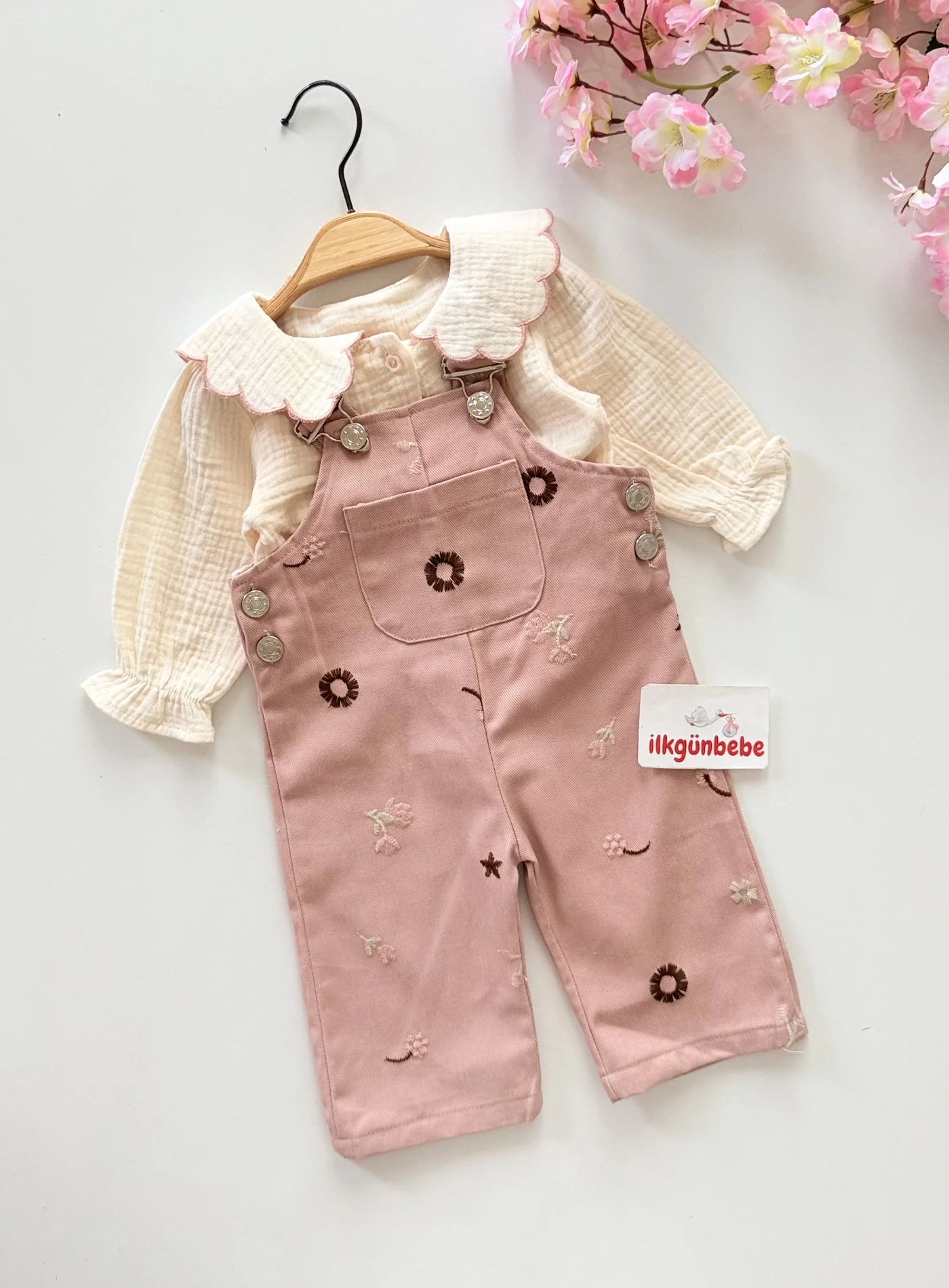 Baby Cute Çiçek Salopetli Müslin Gömlekli 2’li Takım
