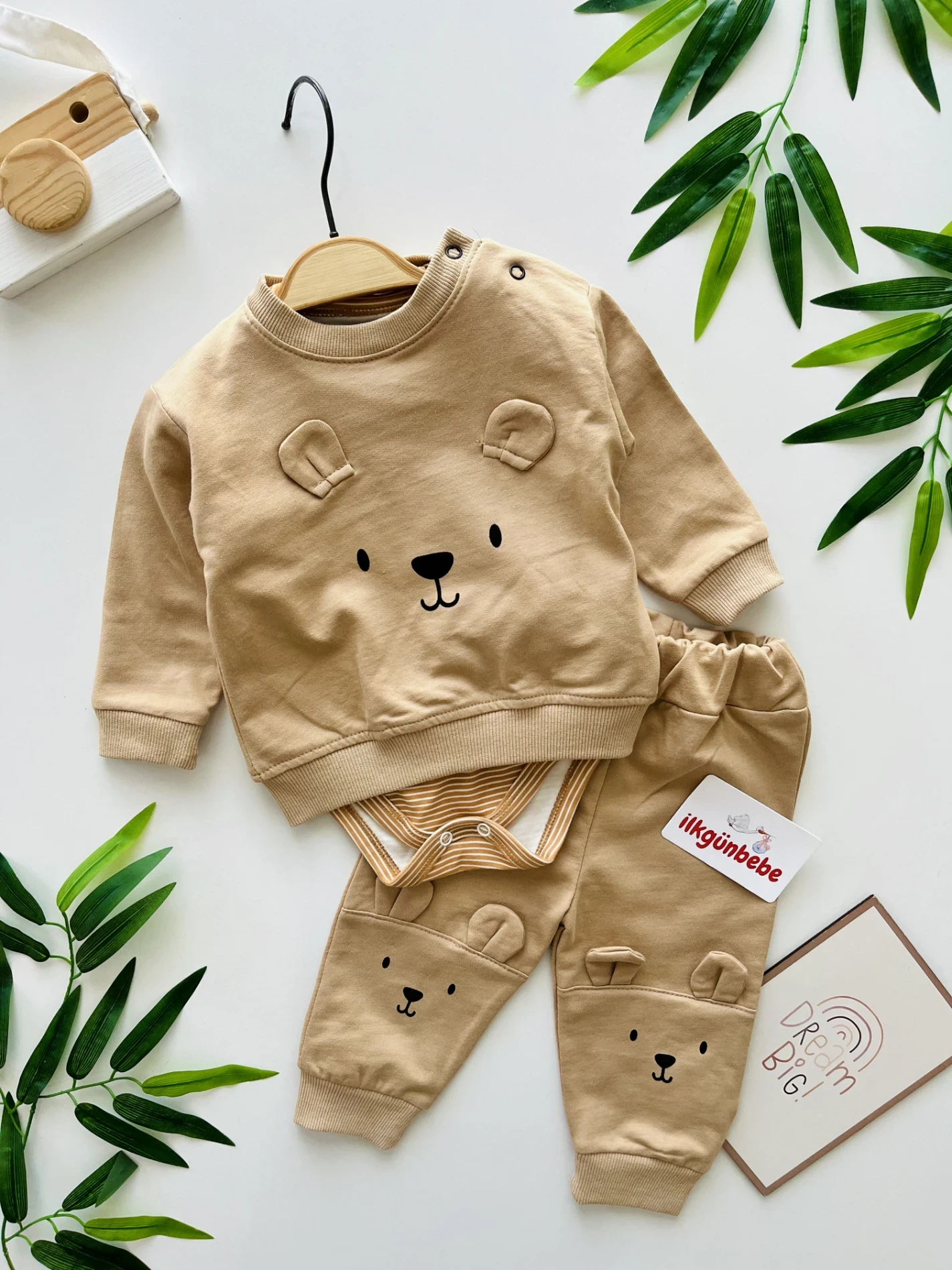 Teddy Bear Çizgili Zıbınlı Bodyli Sweatli 3’lü Takım