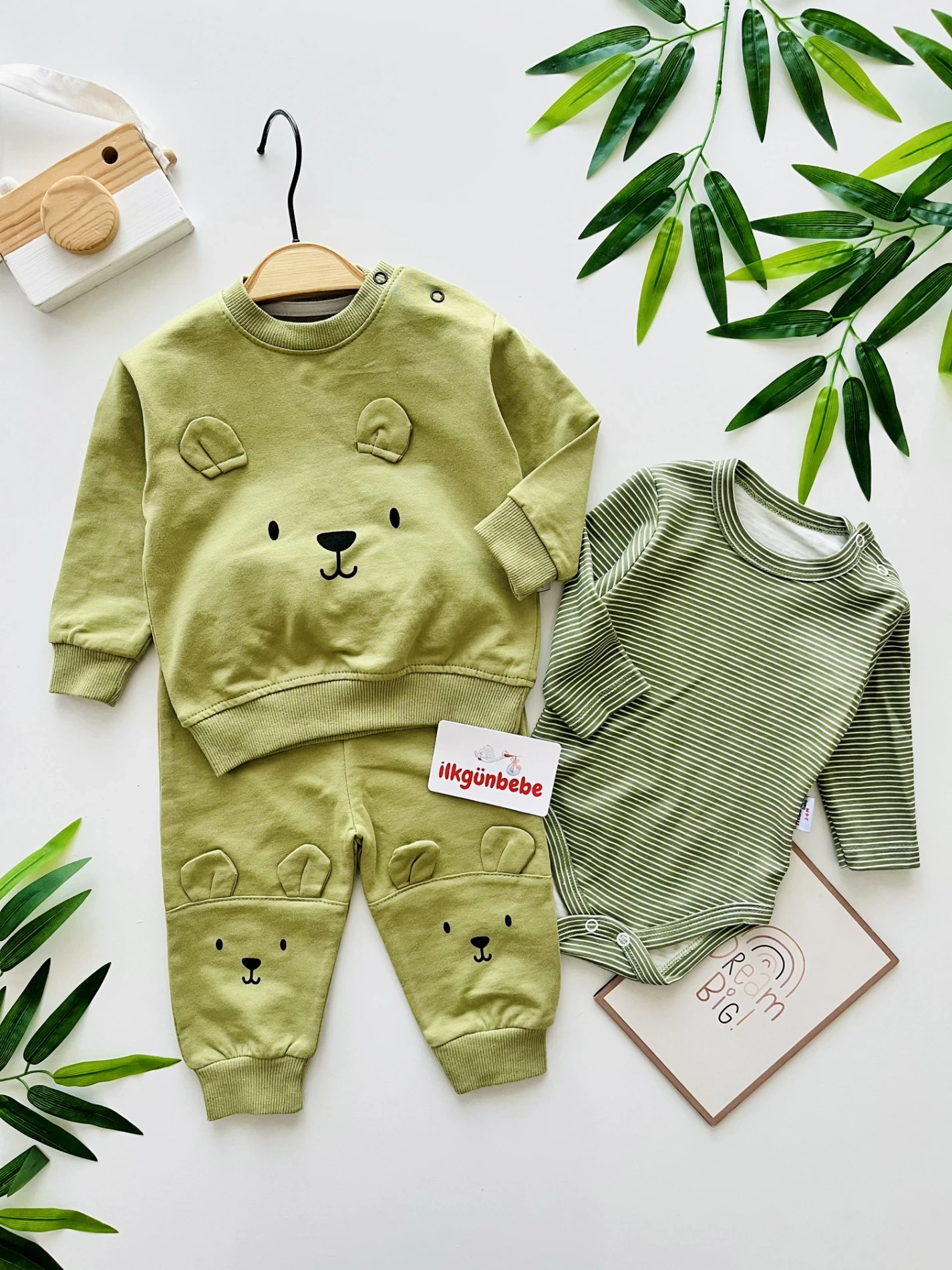 Teddy Bear Çizgili Zıbınlı Bodyli Sweatli 3’lü Takım