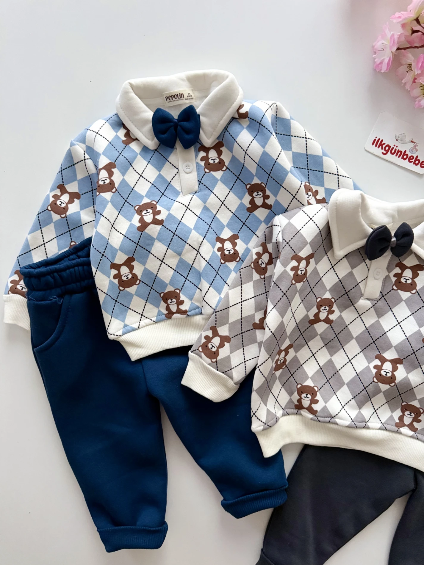 Papyonlu Teddy Bear Nakışlı Çizgili 3 İp Şardonlu Kışlık Takım
