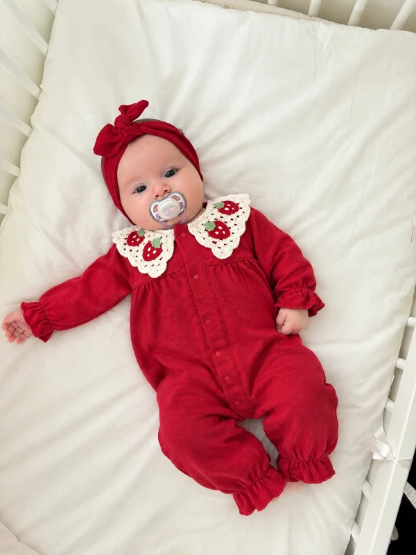 Çilek Yaka Detaylı Tulum & Bandana Set