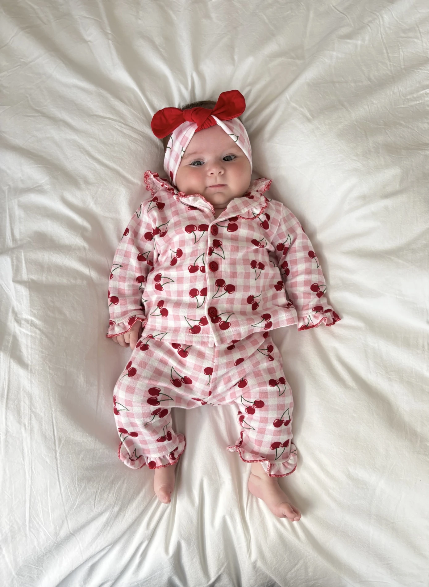 Kiraz Desenli  Bebe Yakalı Bandanalı  %100 Pamuk Pijama Takımı