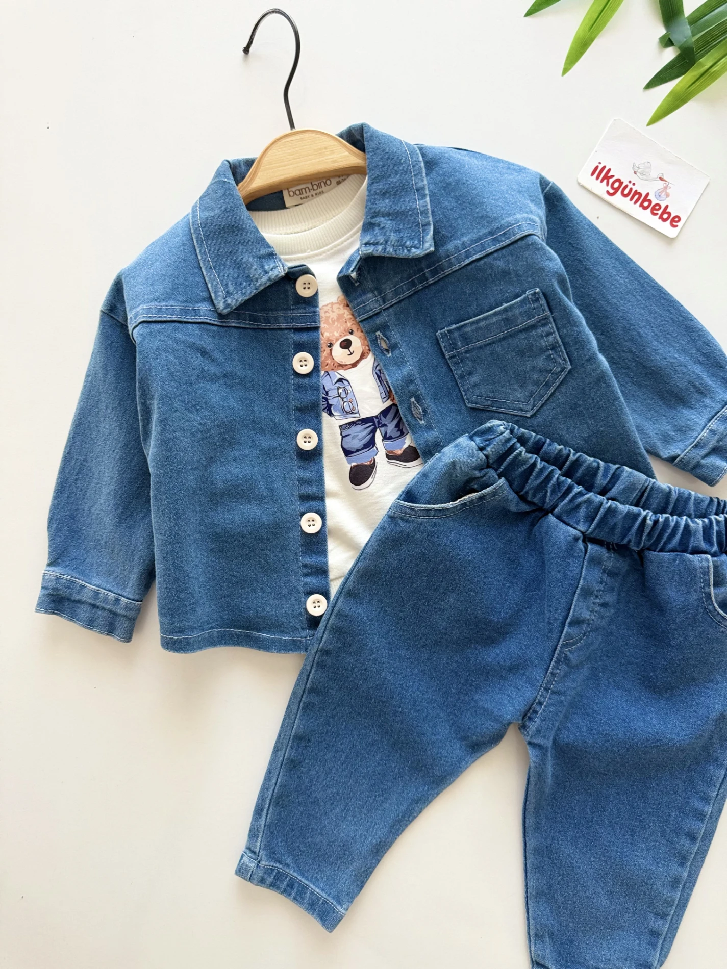 Teddy Sweatli Denim Kot Ceketli Pantalonlu 3’lü Takım