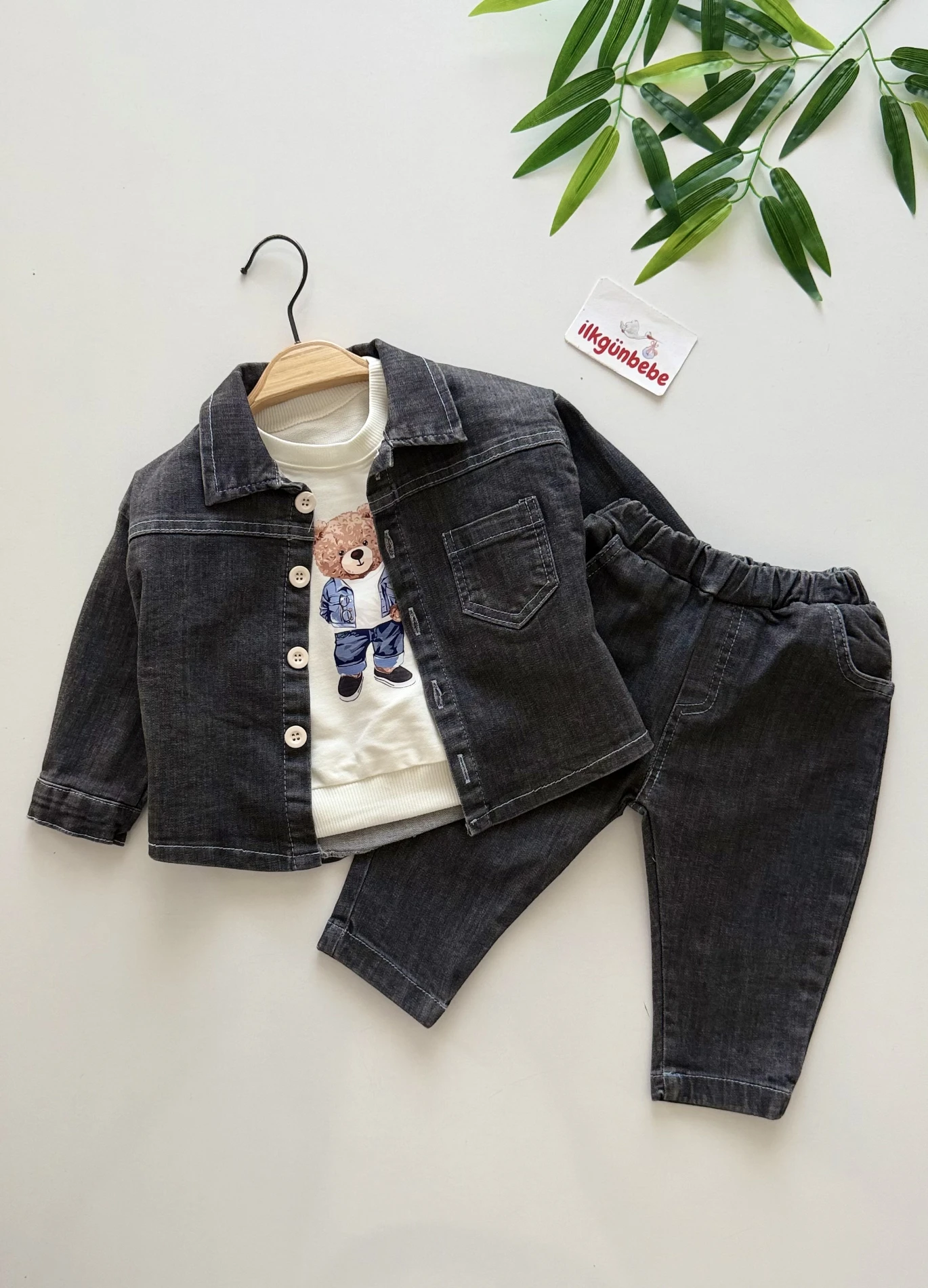 Teddy Sweatli Denim Kot Ceketli Pantalonlu 3’lü Takım