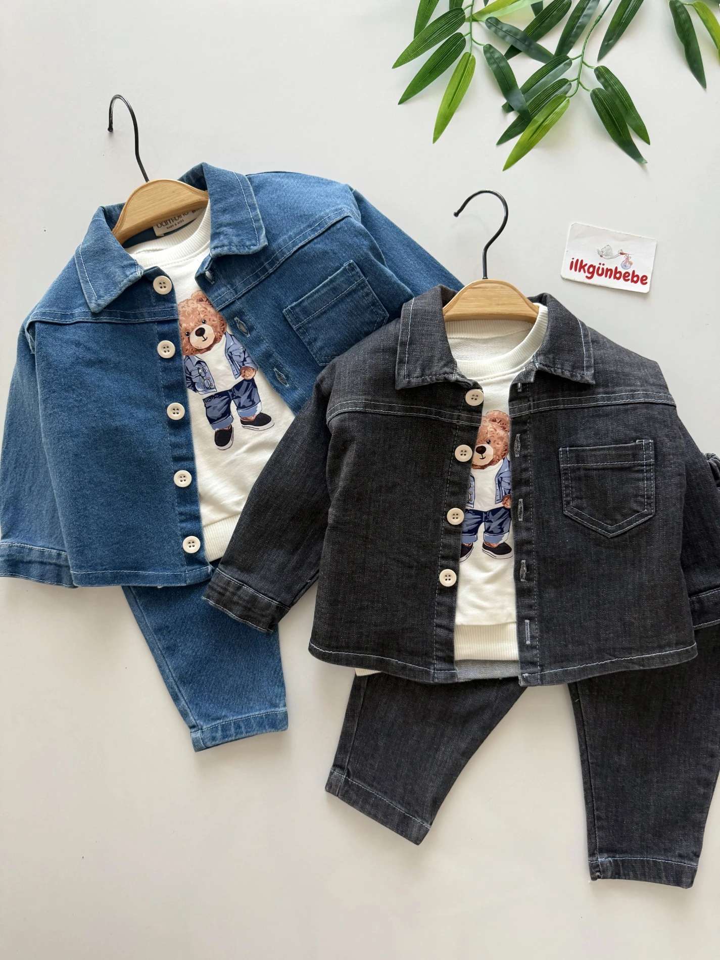 Teddy Sweatli Denim Kot Ceketli Pantalonlu 3’lü Takım