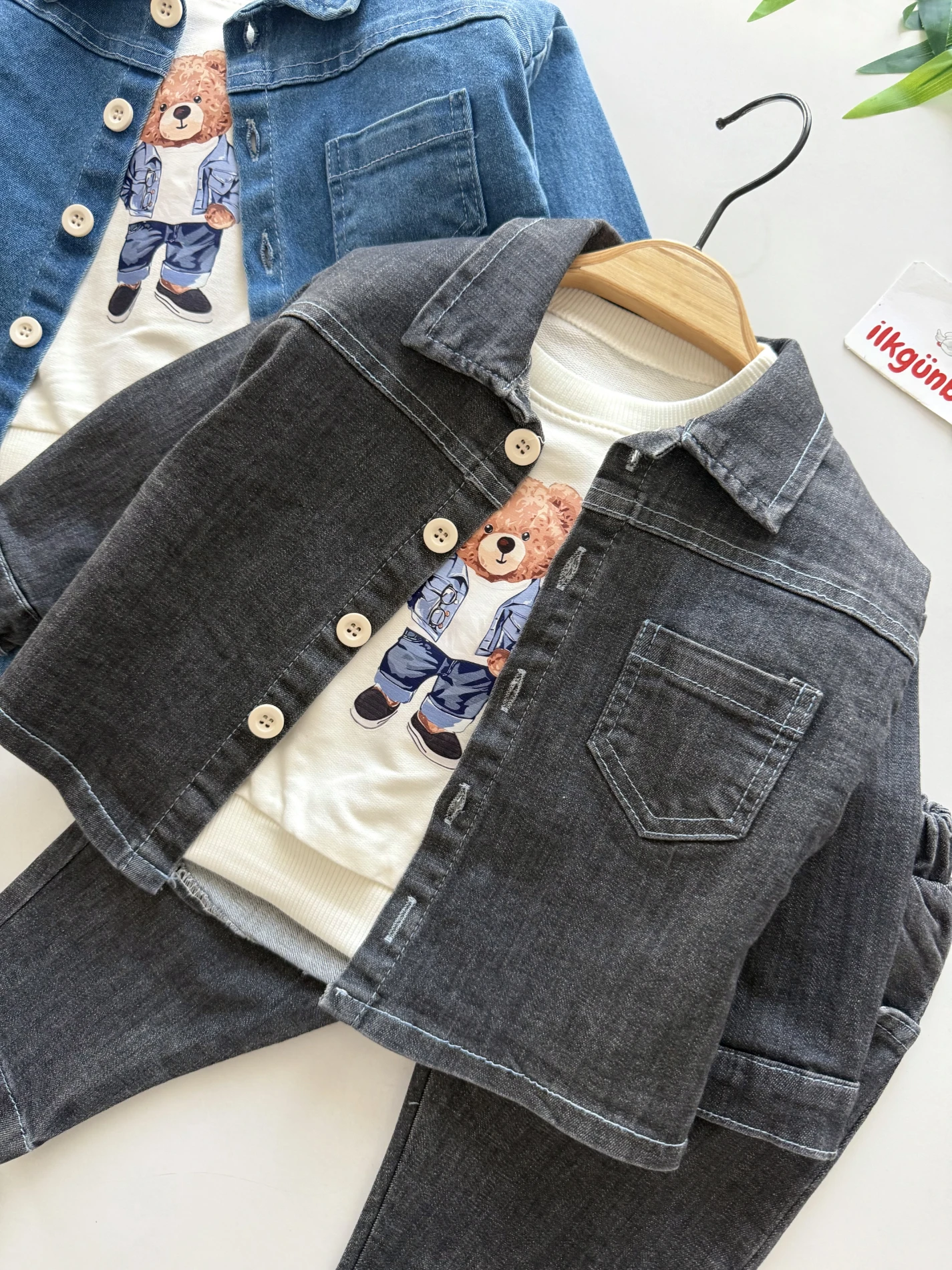 Teddy Sweatli Denim Kot Ceketli Pantalonlu 3’lü Takım