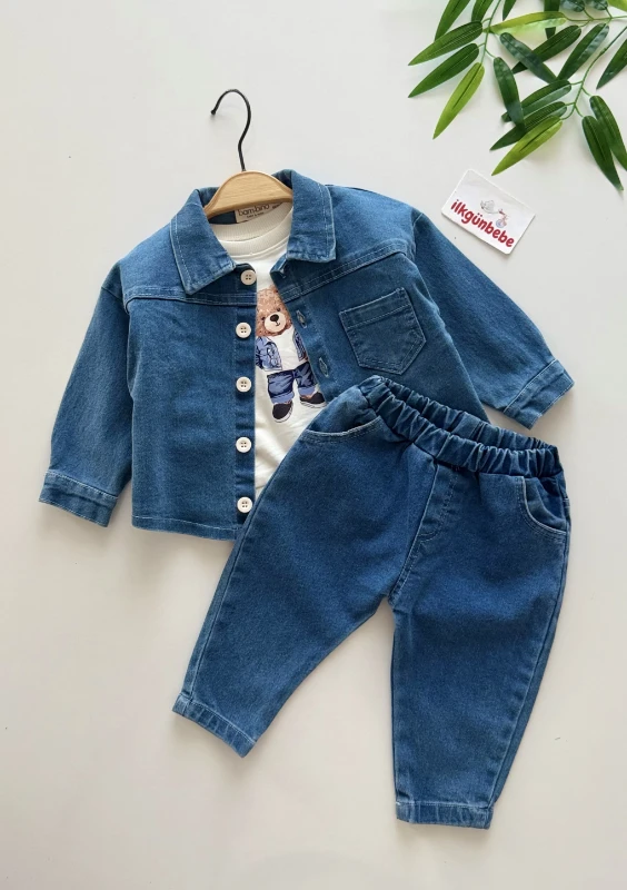 Teddy Sweatli Denim Kot Ceketli Pantalonlu 3’lü Takım