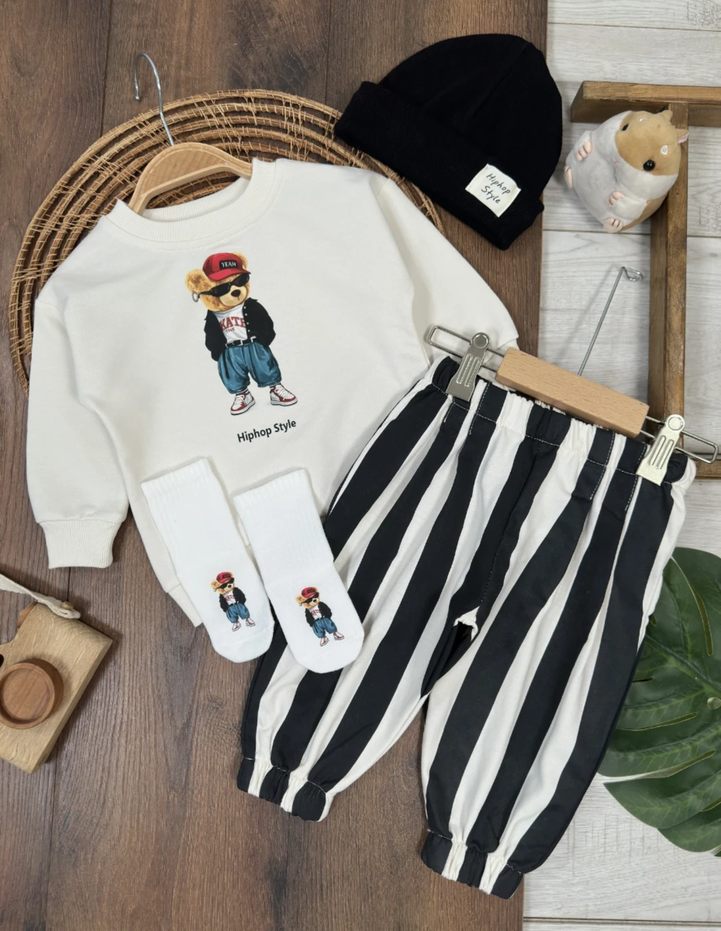 Hip-hop Teddy Desenli Çoraplı Bereli Pantolon %100 Pamuk 4’lü Takım