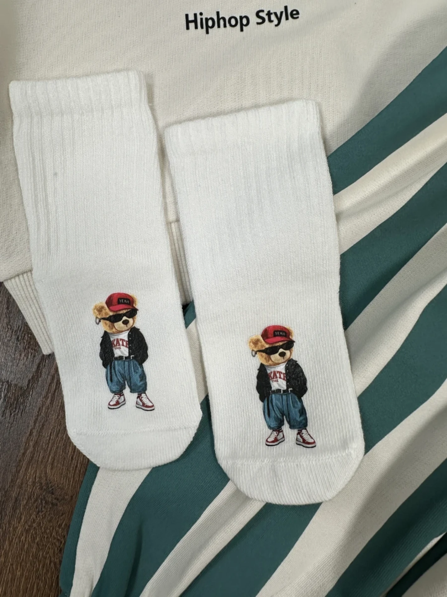 Hip-hop Teddy Desenli Çoraplı Bereli Pantolon %100 Pamuk 4’lü Takım
