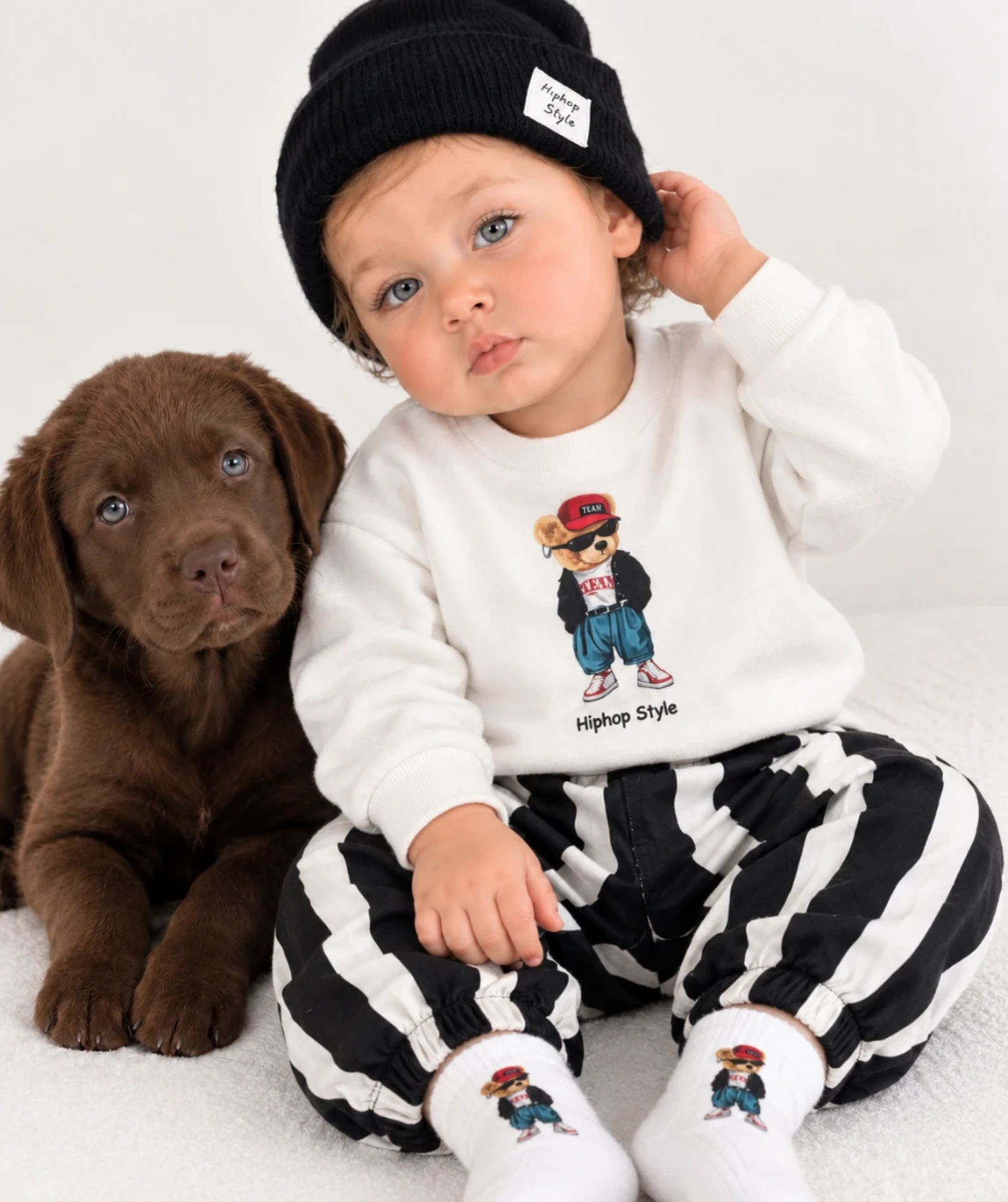 Hip-hop Teddy Desenli Çoraplı Bereli Pantolon %100 Pamuk 4’lü Takım