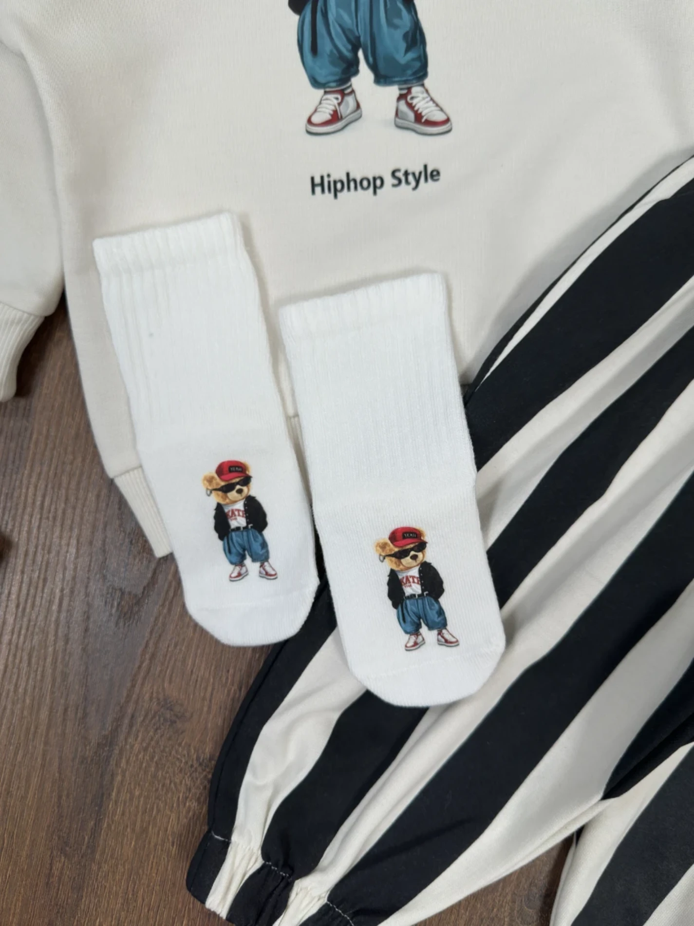 Hip-hop Teddy Desenli Çoraplı Bereli Pantolon %100 Pamuk 4’lü Takım