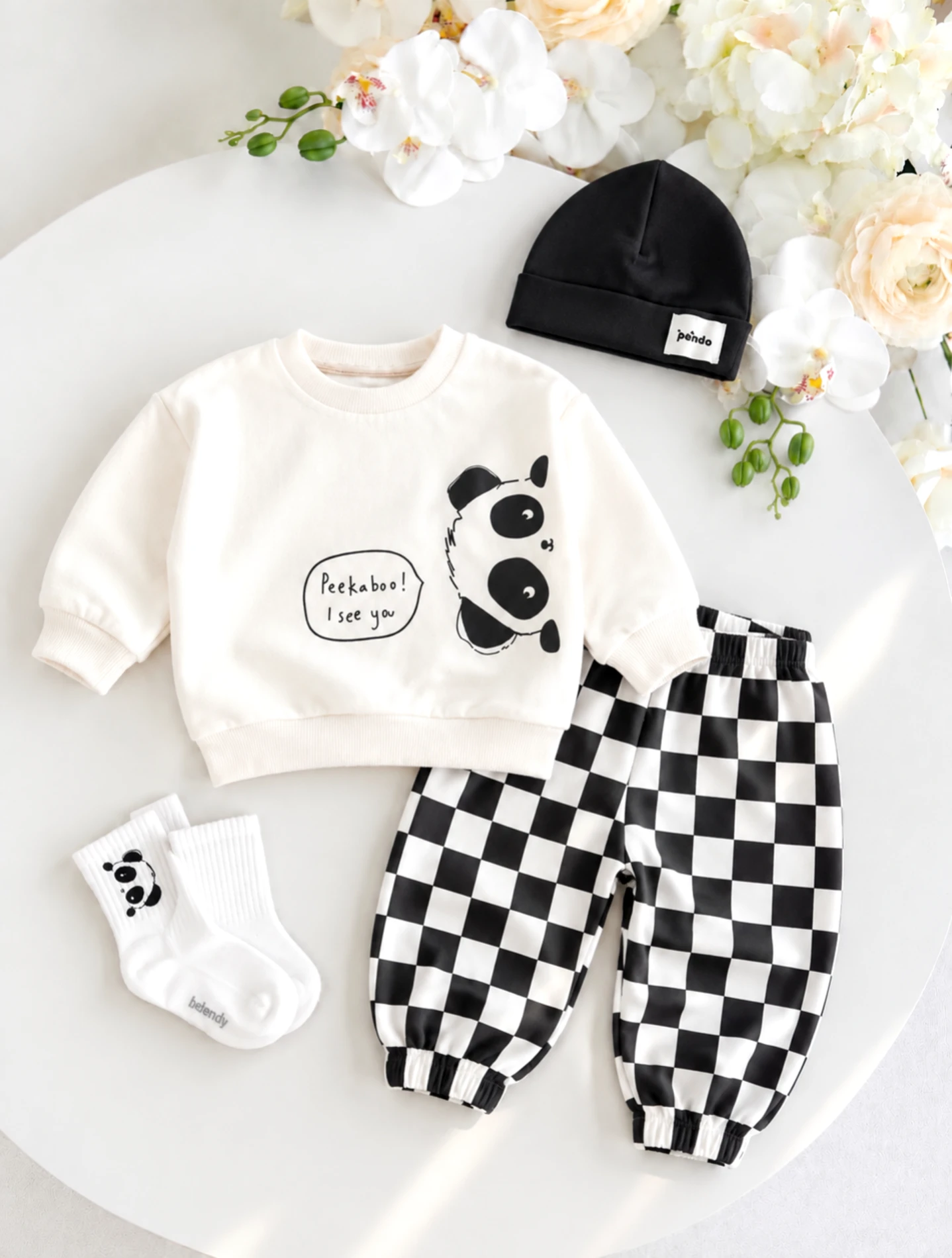 Panda Desenli Çoraplı Bereli Ekose Kareli Pantolon %100 Pamuk 4’lü Takım
