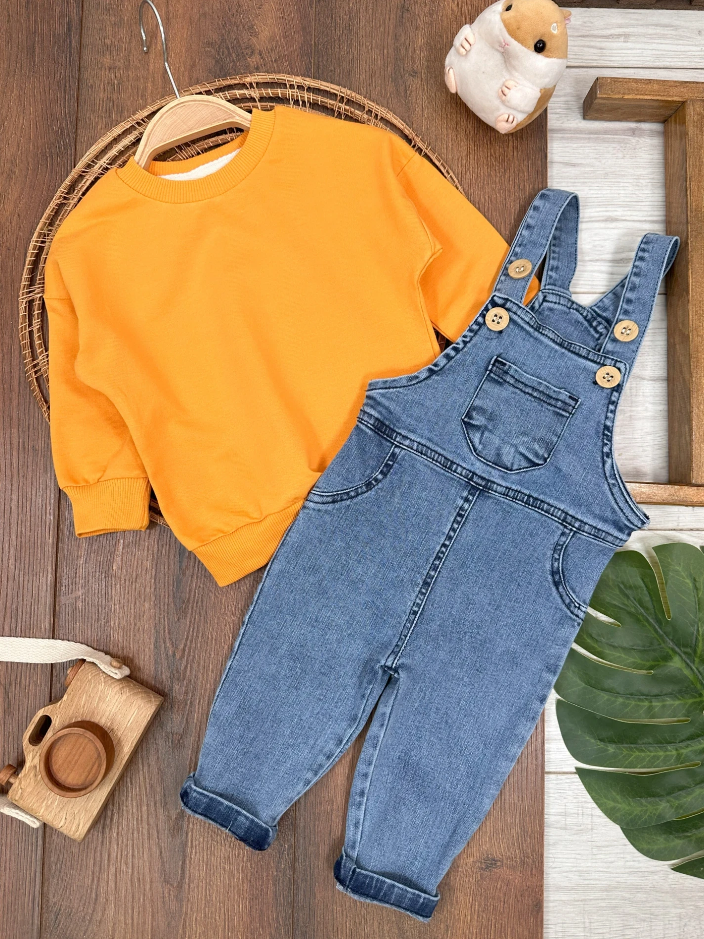 Likralı Yumuşacık Denim Esnek Kot Salopetli Sweatli 2’li Cool Unisex Takım