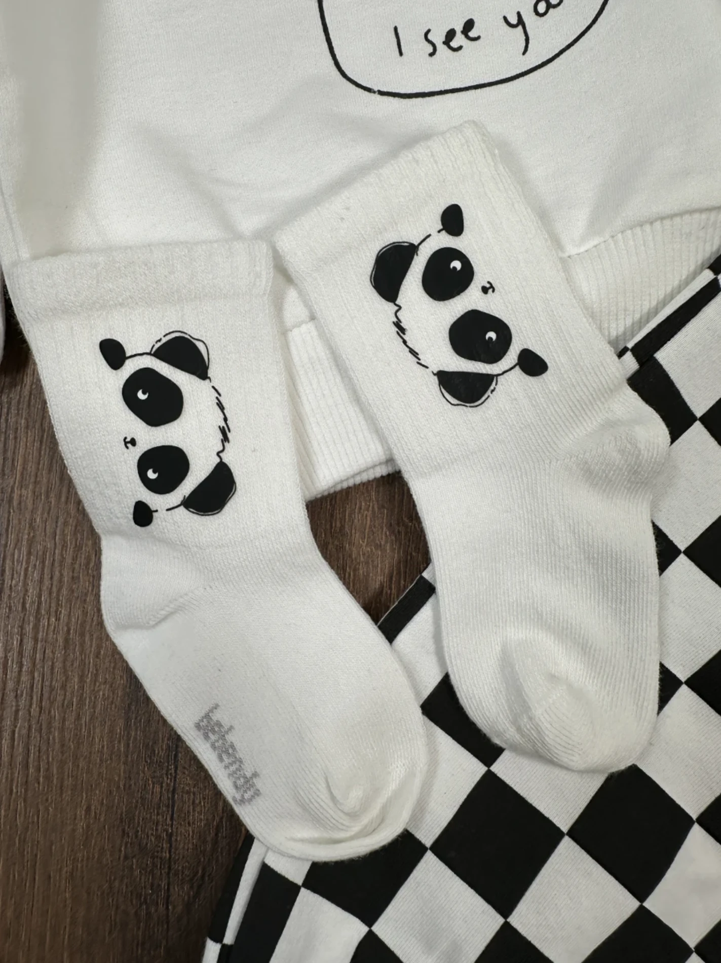Panda Desenli Çoraplı Bereli Ekose Kareli Pantolon %100 Pamuk 4’lü Takım