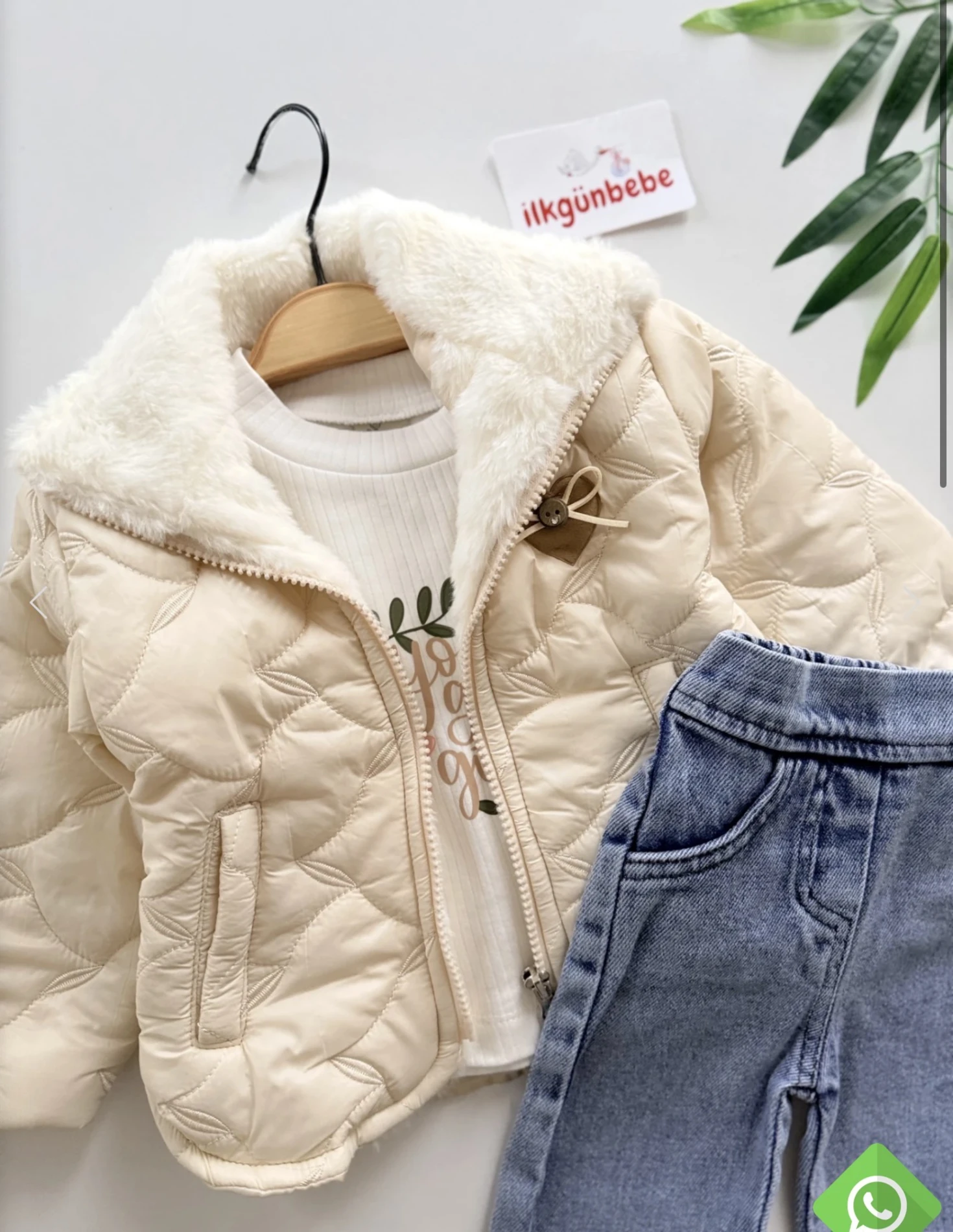 Peluş Montlu Kot Pantalonlu Bodyli 3’lü Takım