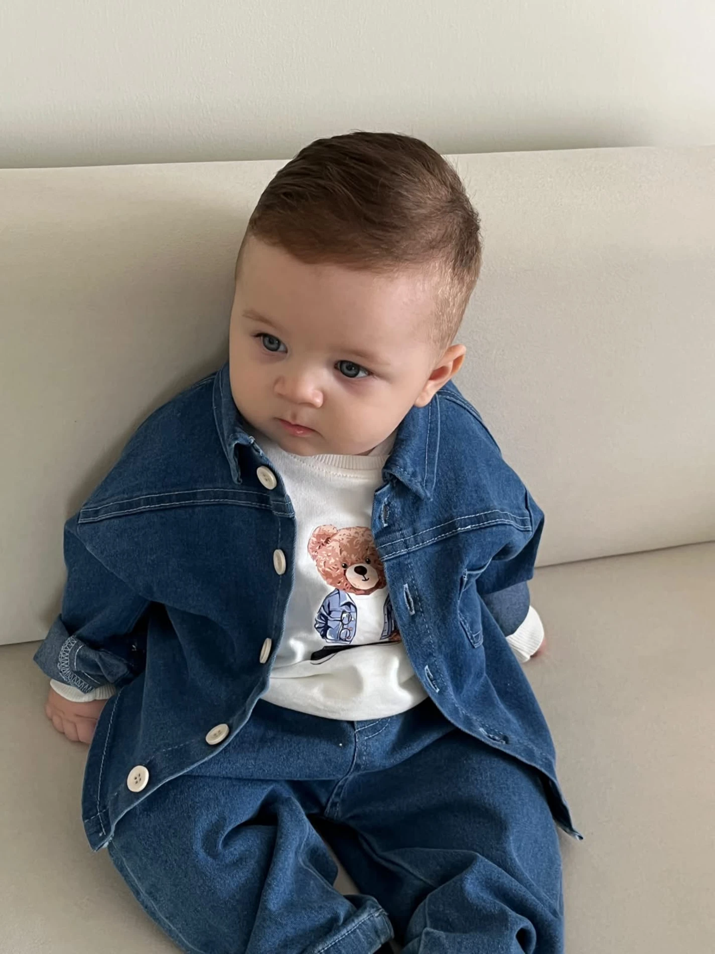 Teddy Sweatli Denim Kot Ceketli Pantalonlu 3’lü Takım