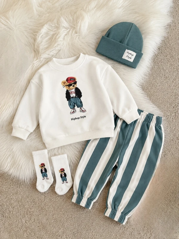 Hip-hop Teddy Desenli Çoraplı Bereli Pantolon %100 Pamuk 4’lü Takım