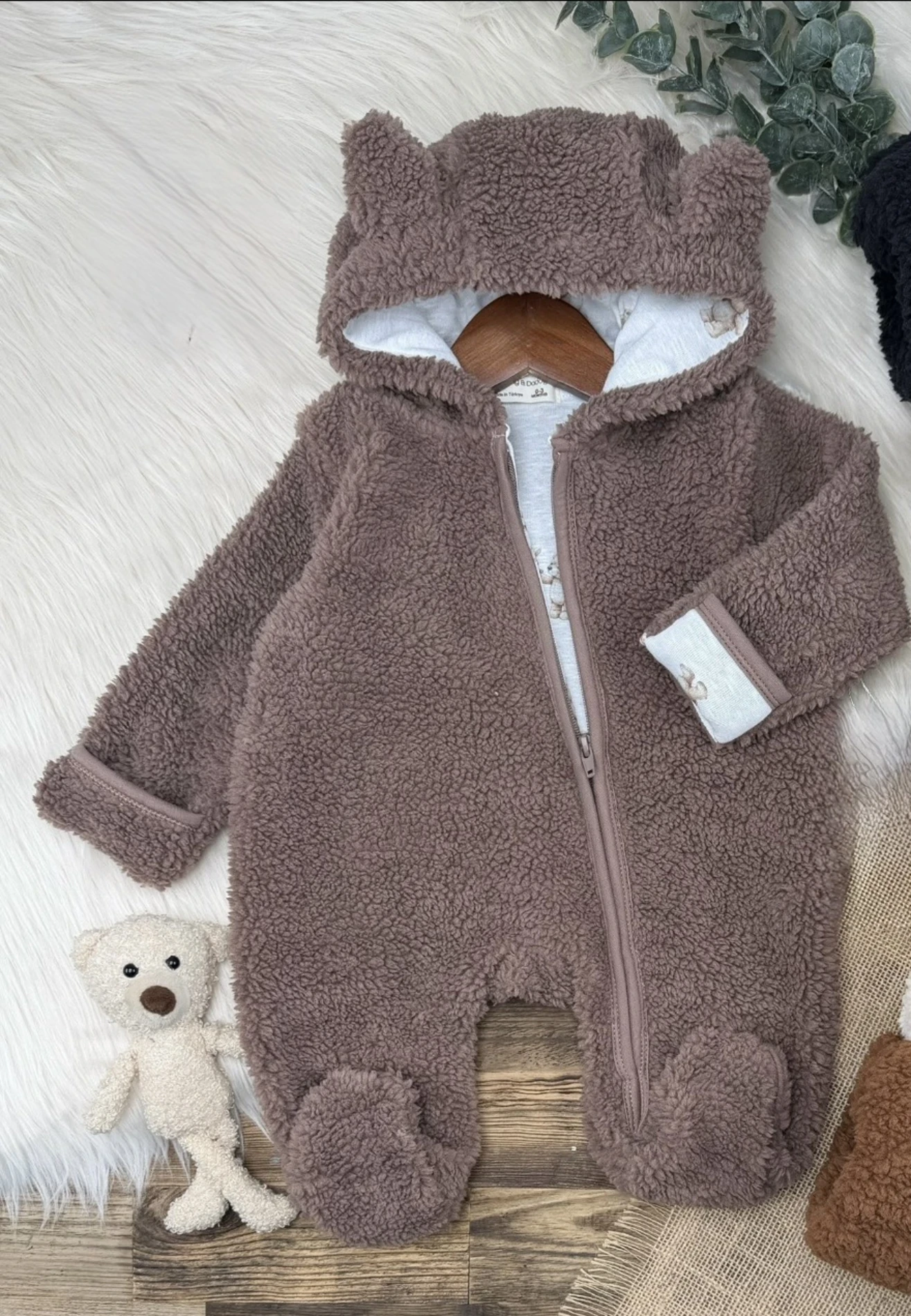 Alice  Peluş Teddy Kulaklı Eldivenli Fermuarlı Astarlı Peluş Tulum KAHVE