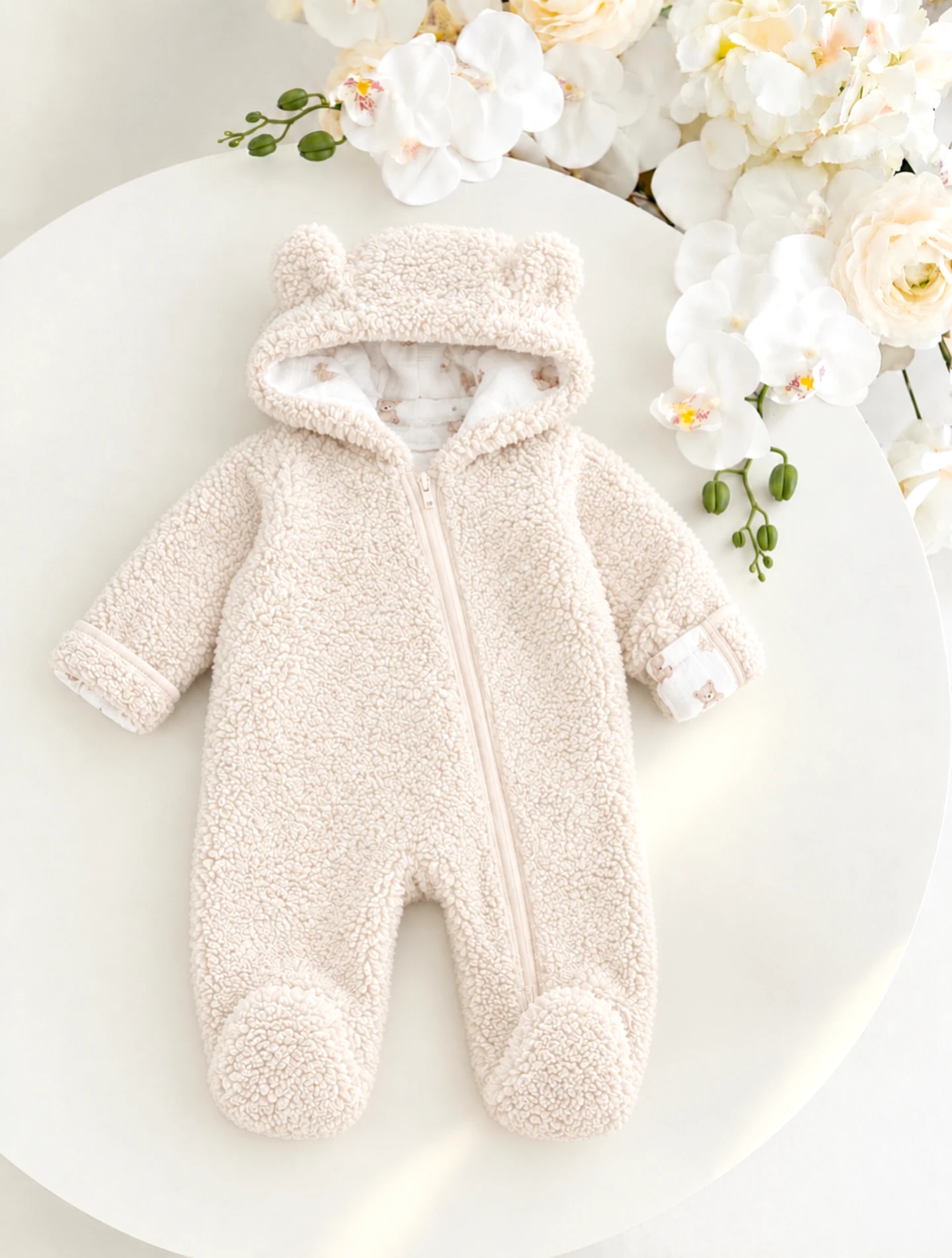 Alice  Peluş Teddy Kulaklı Eldivenli Fermuarlı Astarlı Peluş Tulum BEJ 
