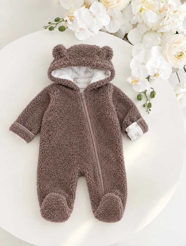 Alice  Peluş Teddy Kulaklı Eldivenli Fermuarlı Astarlı Peluş Tulum KAHVE