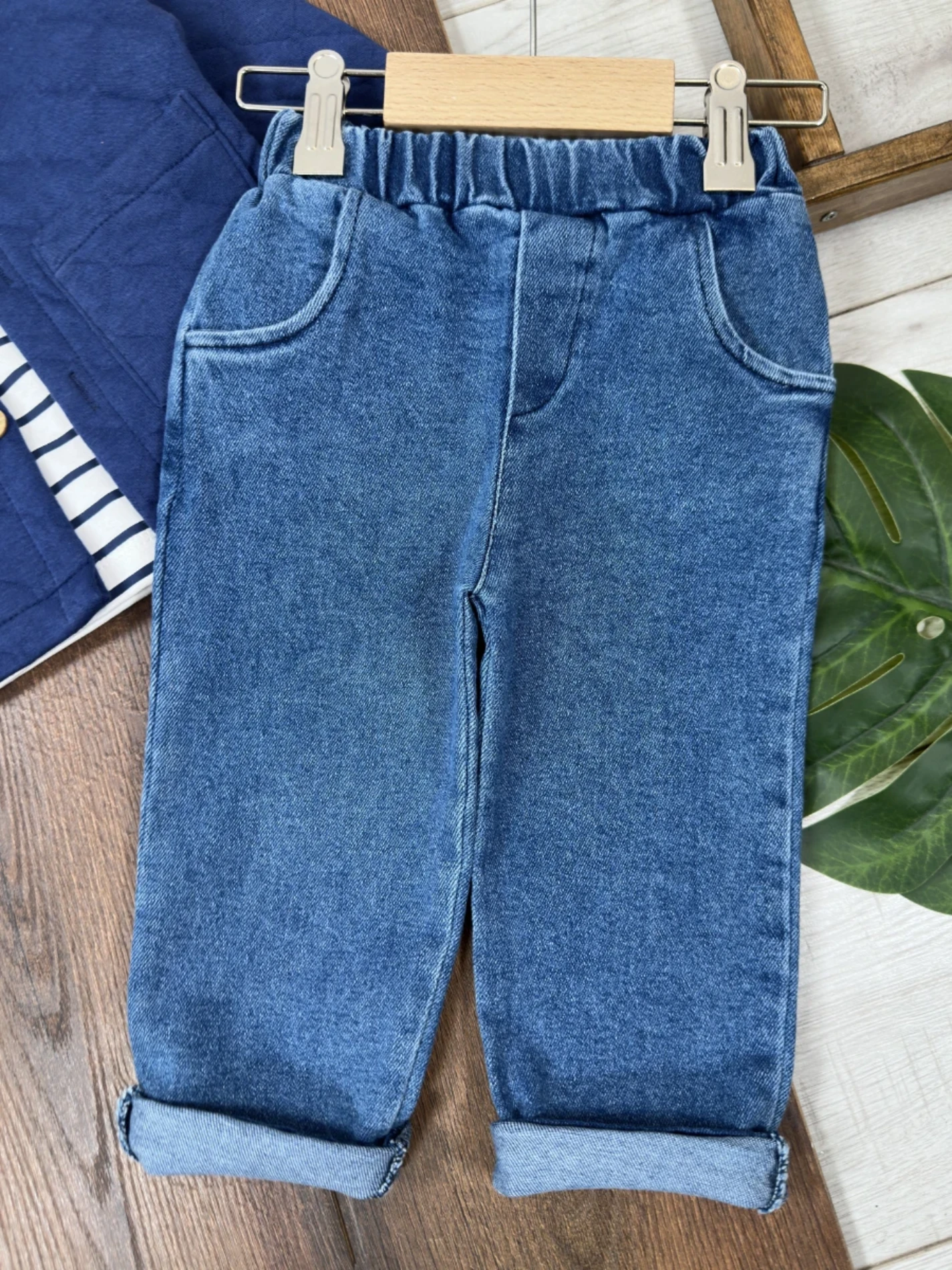 Kapitone Ceketli Çizgili Sweatli Kot Pantalonlu 3’lü Takım