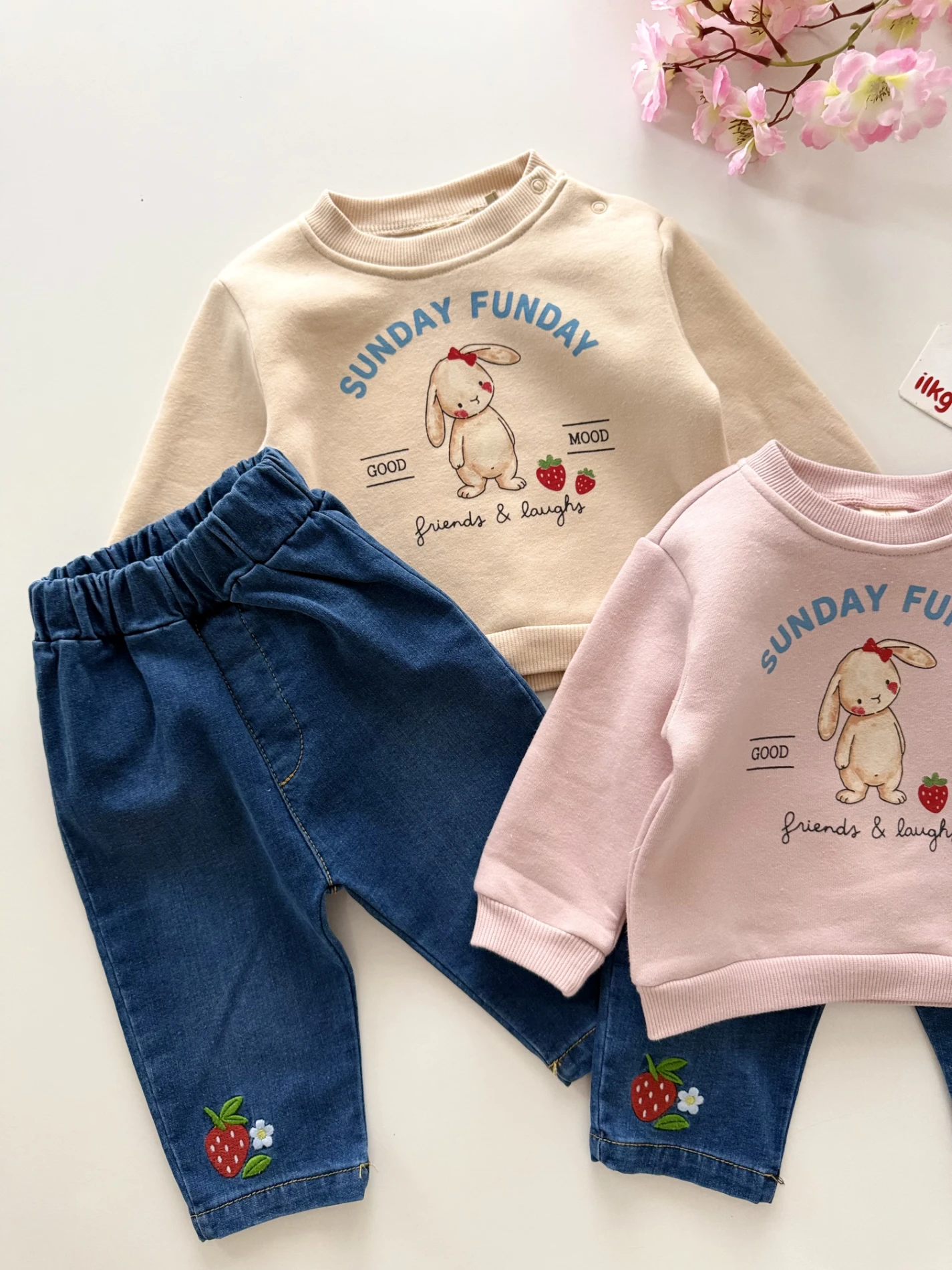 Sunday Funday  3 İp Şardonlu Rabbit %100 pamuk Kot Pantalonlu 2’li takım