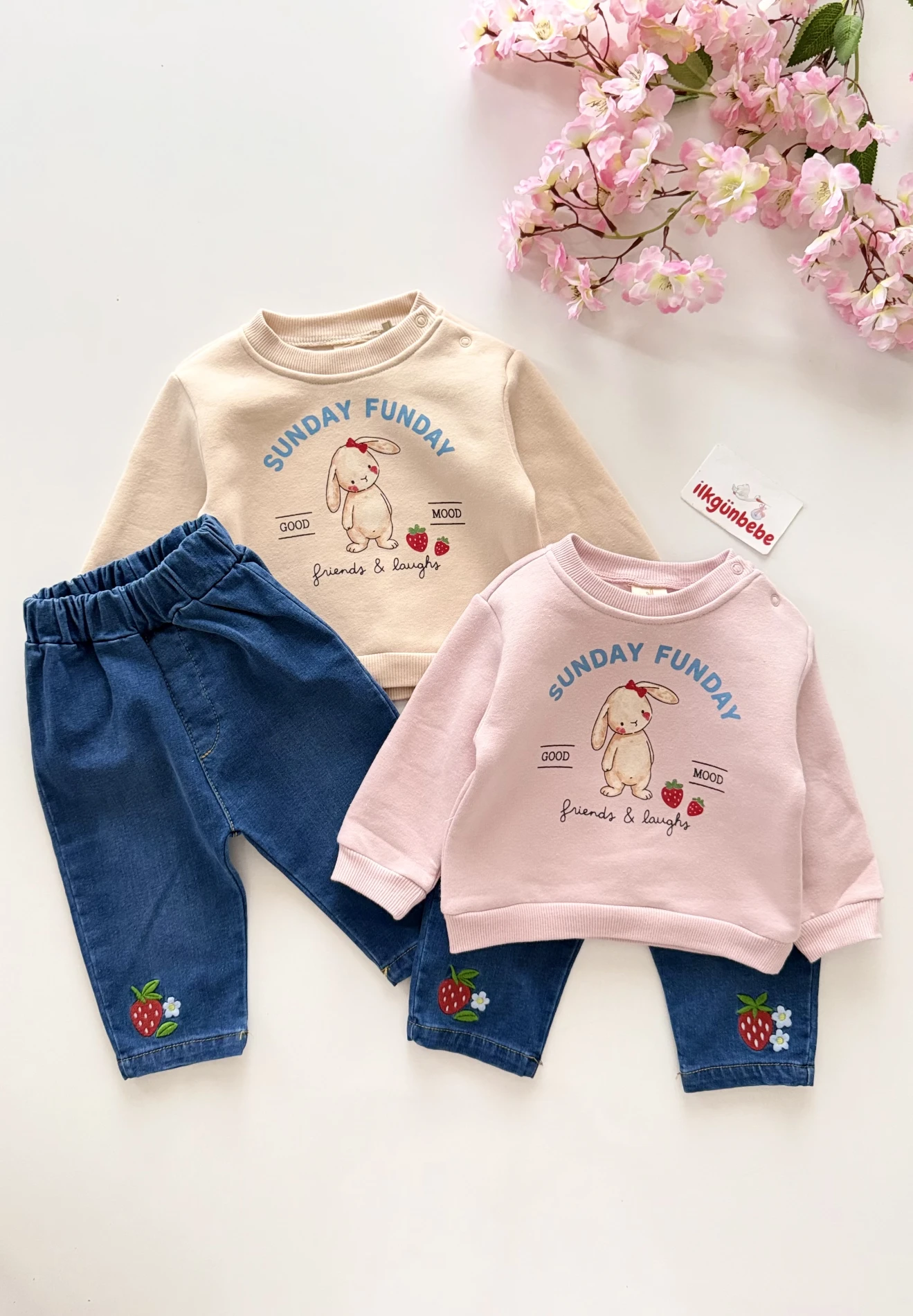 Sunday Funday  3 İp Şardonlu Rabbit %100 pamuk Kot Pantalonlu 2’li takım