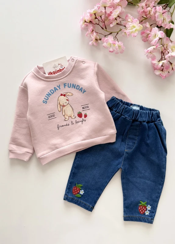 Sunday Funday  3 İp Şardonlu Rabbit %100 pamuk Kot Pantalonlu 2’li takım