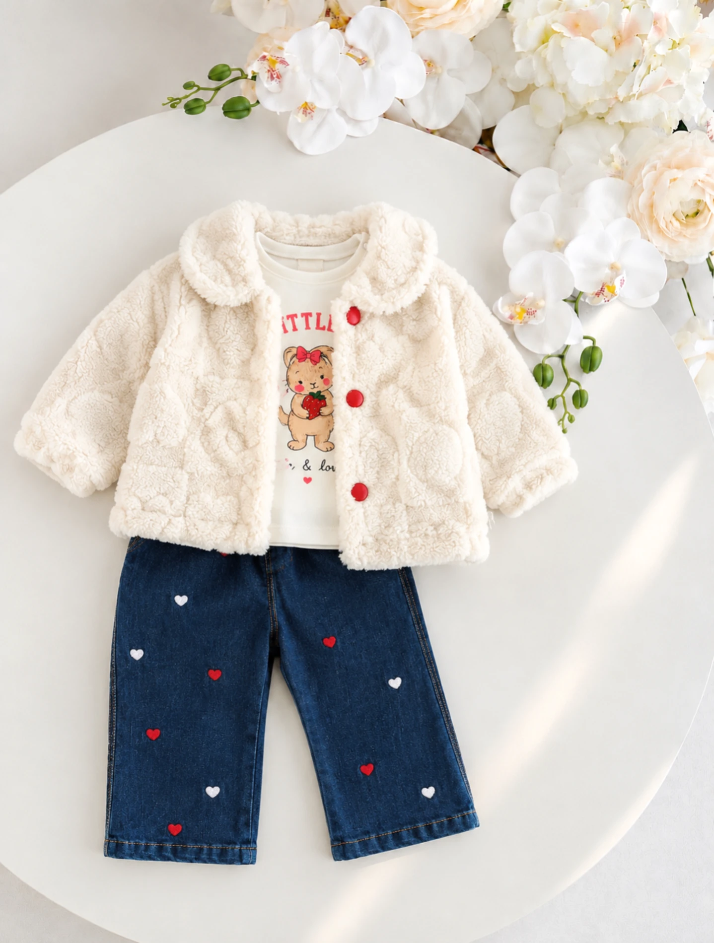 Little Rabbit Peluş Montlu Kalpli Kot Pantalonlu 3’lü Takım