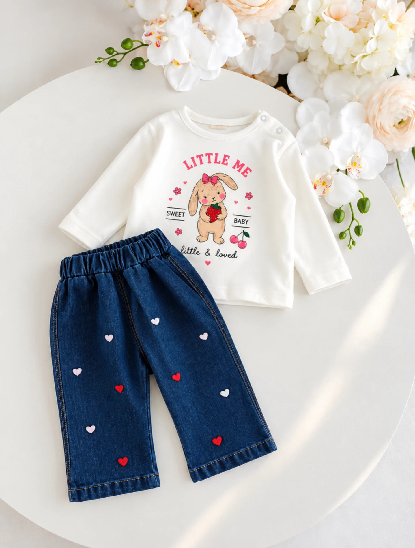 Little Rabbit Peluş Montlu Kalpli Kot Pantalonlu 3’lü Takım