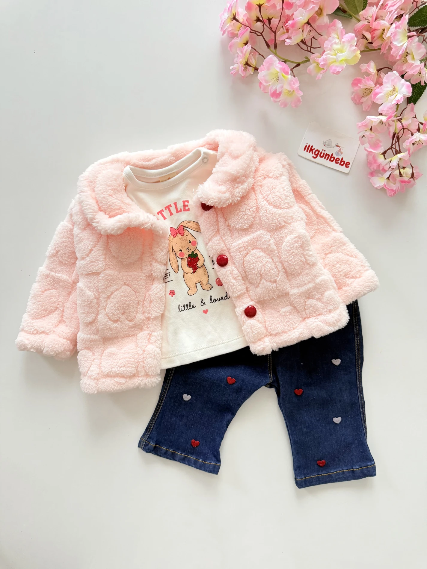 Little Rabbit Peluş Montlu Kalpli Kot Pantalonlu 3’lü Takım