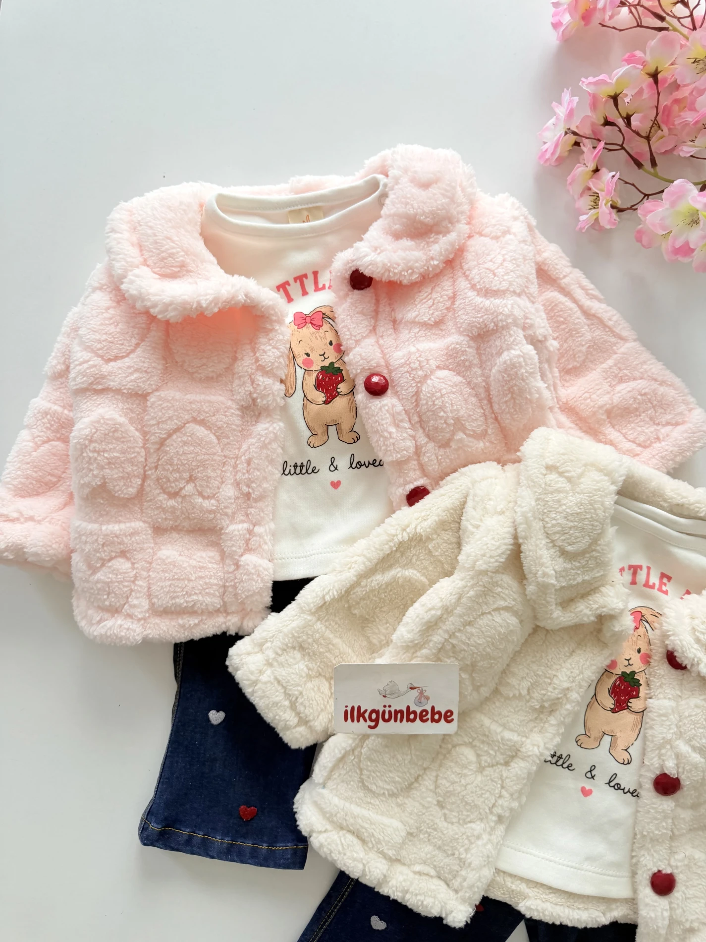 Little Rabbit Peluş Montlu Kalpli Kot Pantalonlu 3’lü Takım