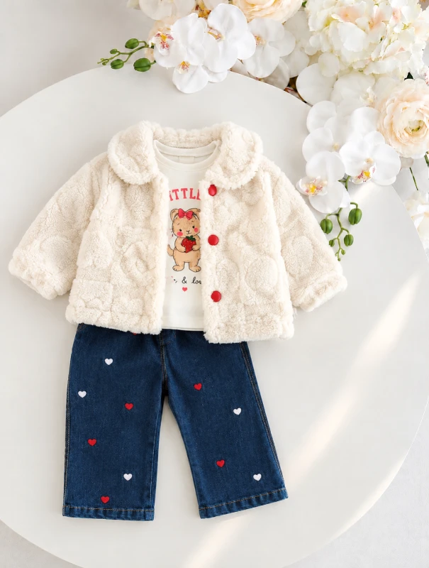 Little Rabbit Peluş Montlu Kalpli Kot Pantalonlu 3’lü Takım