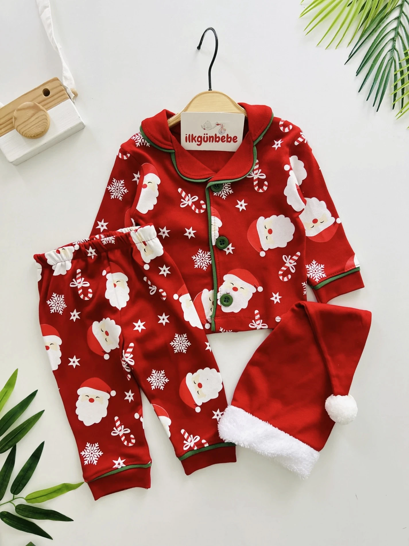 Bebe Yaka Noel Baba  Temalı %100 Pamuk Ponpon Şapkalı 3’lü Takım