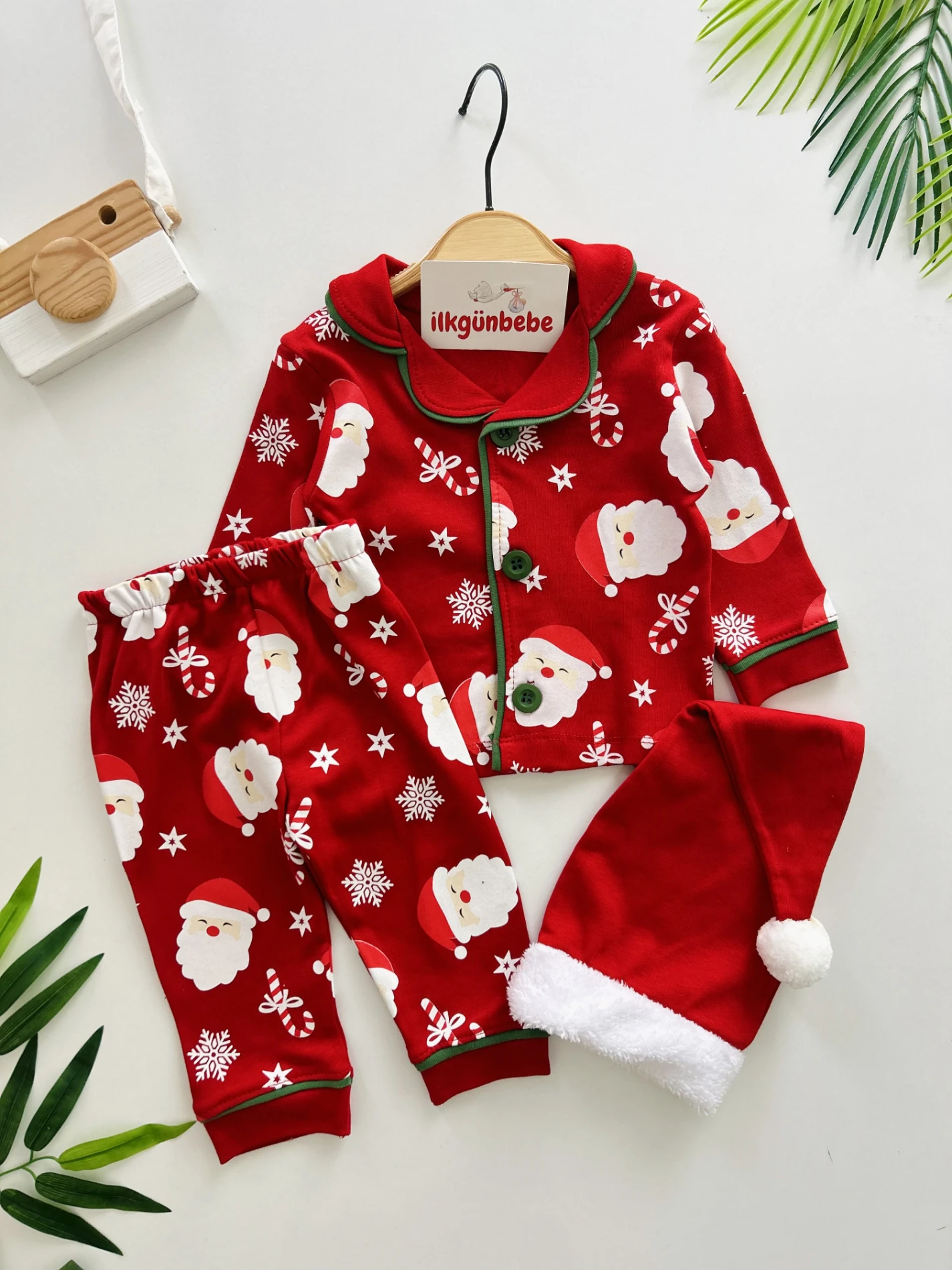 Bebe Yaka Noel Baba  Temalı %100 Pamuk Ponpon Şapkalı 3’lü Takım
